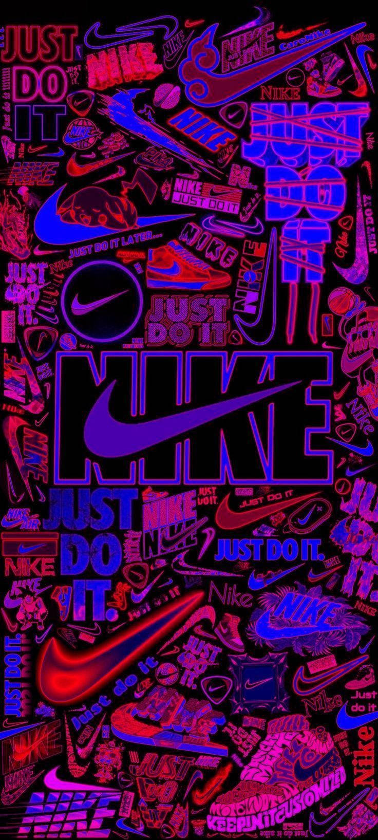 霓虹紫色和紅色Nike標誌壁紙，帶有重複的口號和運動鞋設計。 — 鞋子 GIF 壁紙