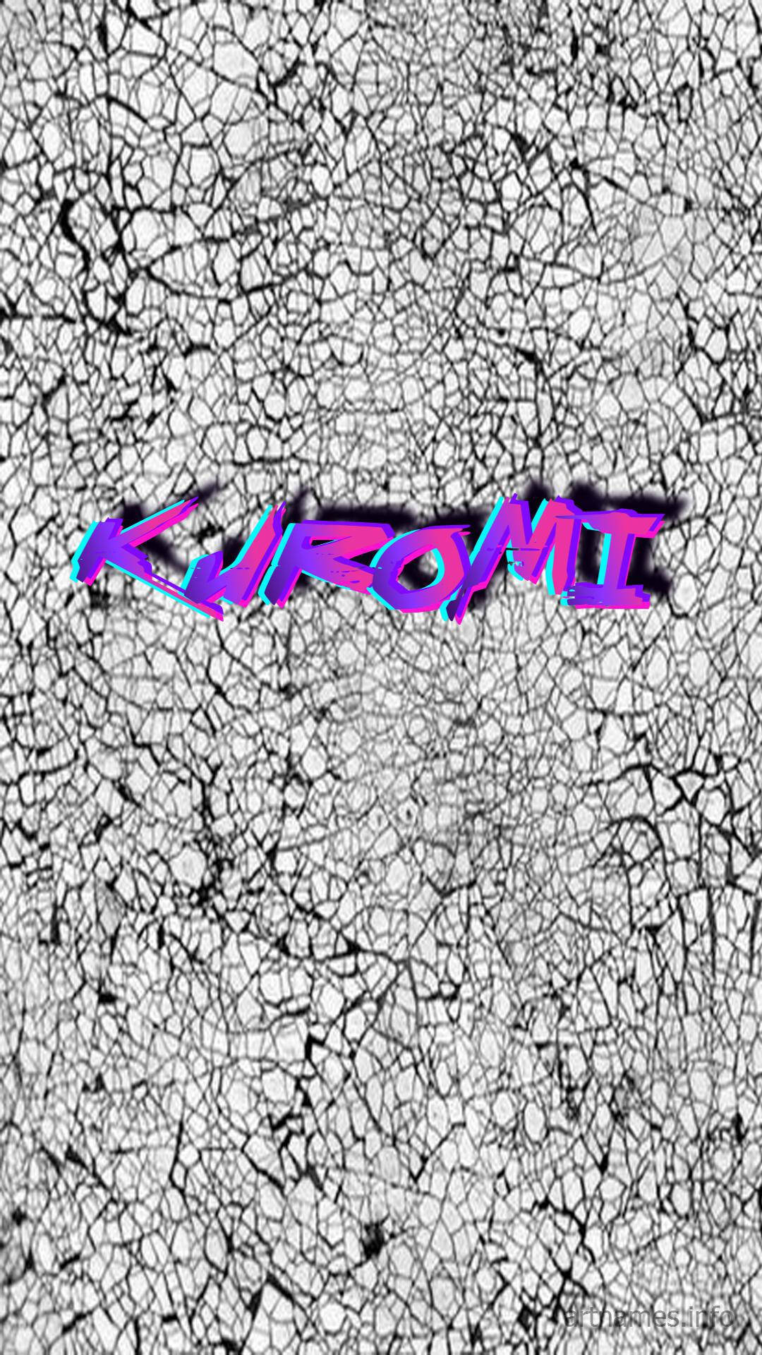 庫洛米 桌布 壁紙 — 充滿活力的霓虹紫色和藍色 'KUROMI' 文字在裂紋混凝土紋理背景上發光。