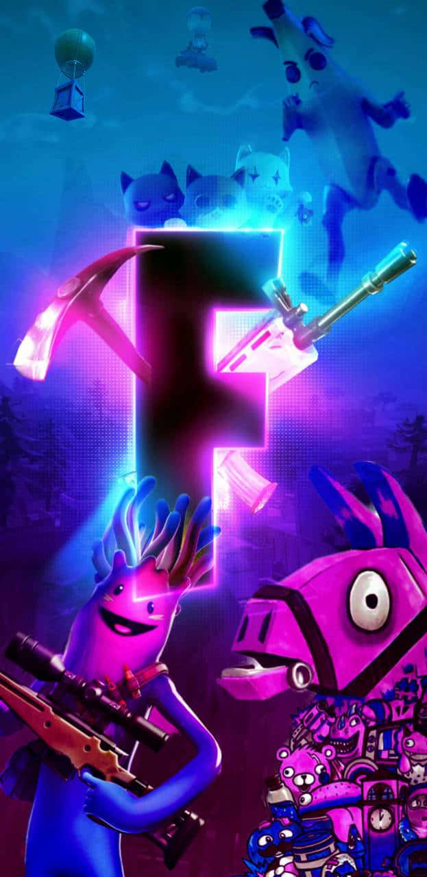 電玩遊戲 桌布 壁紙 — 充滿活力的霓虹紫色和藍色Fortnite角色，手持武器和漂浮寵物，圍繞著發光的字母F。