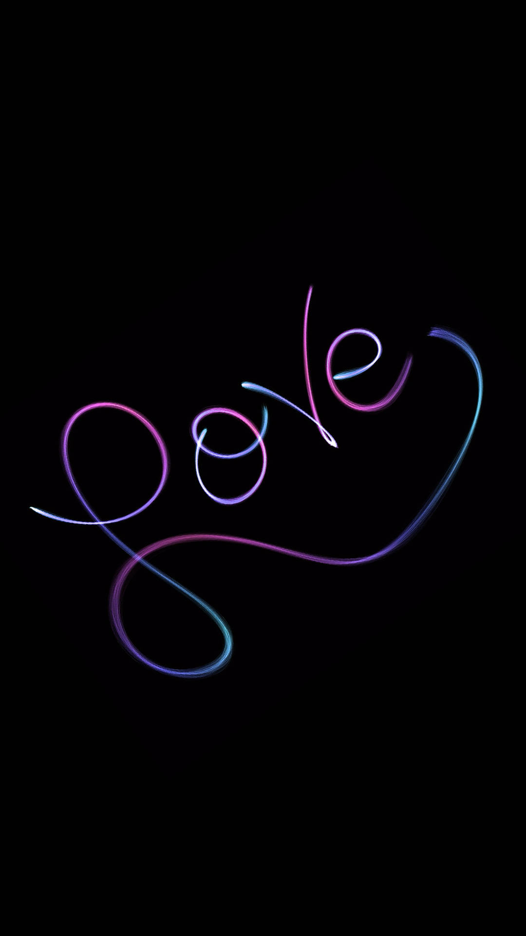 Love Phone 桌布 壁紙 — 充滿活力的霓虹紫色和藍色光軌在純黑色背景上形成單詞「gole」。
