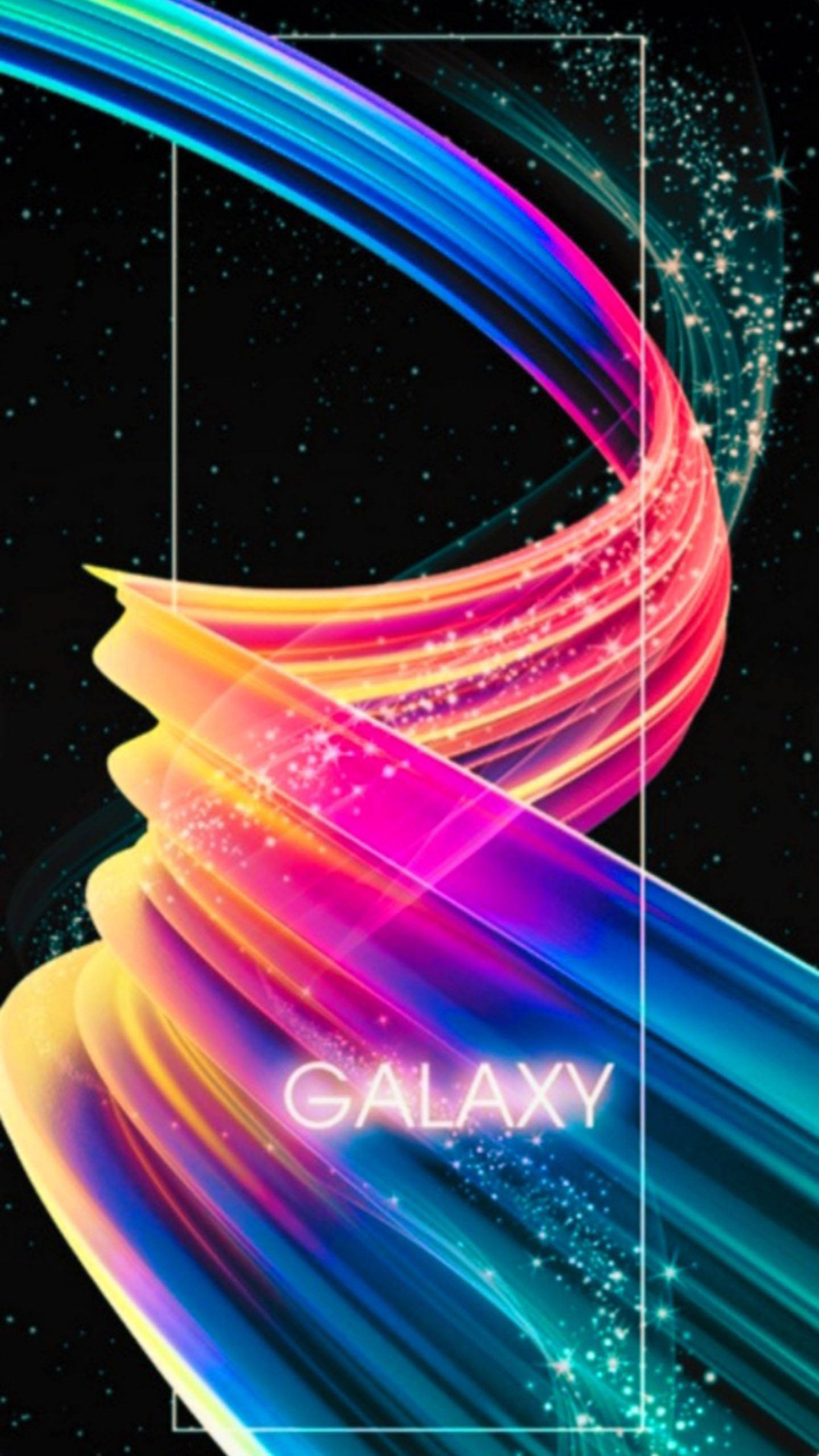 三星 桌布 壁紙 — 充滿活力的霓虹絲帶在星光宇宙背景下動態旋轉，帶有發光粒子和GALAXY字樣。