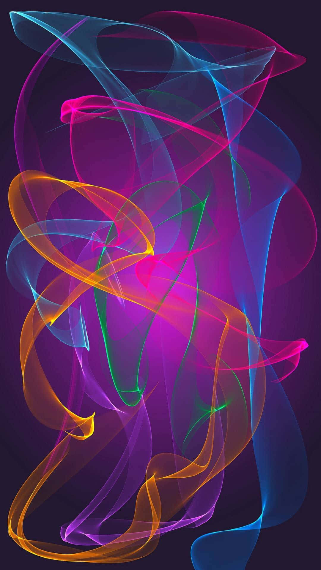 iPhone Neon 桌布 壁紙 — 充滿活力的霓虹絲帶在深紫色背景上動態旋轉，創造出迷人的抽象數位藝術作品。
