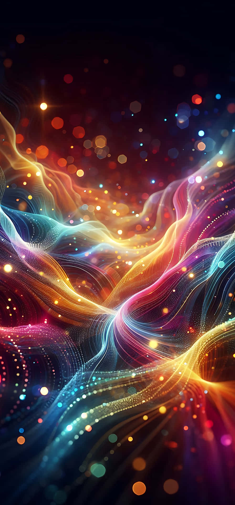 Wavy Color Abstract 壁紙 — 充滿活力的霓虹絲帶在黑暗的宇宙虛空中旋轉，點綴著發光的散景燈光。