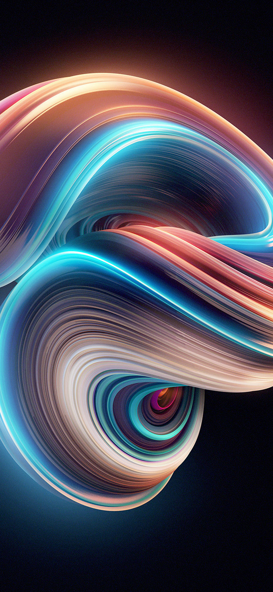 3D 桌布 壁紙 — 充滿活力的霓虹絲帶在黑暗背景上的宇宙漩渦中旋轉，創造出動態的數位抽象。