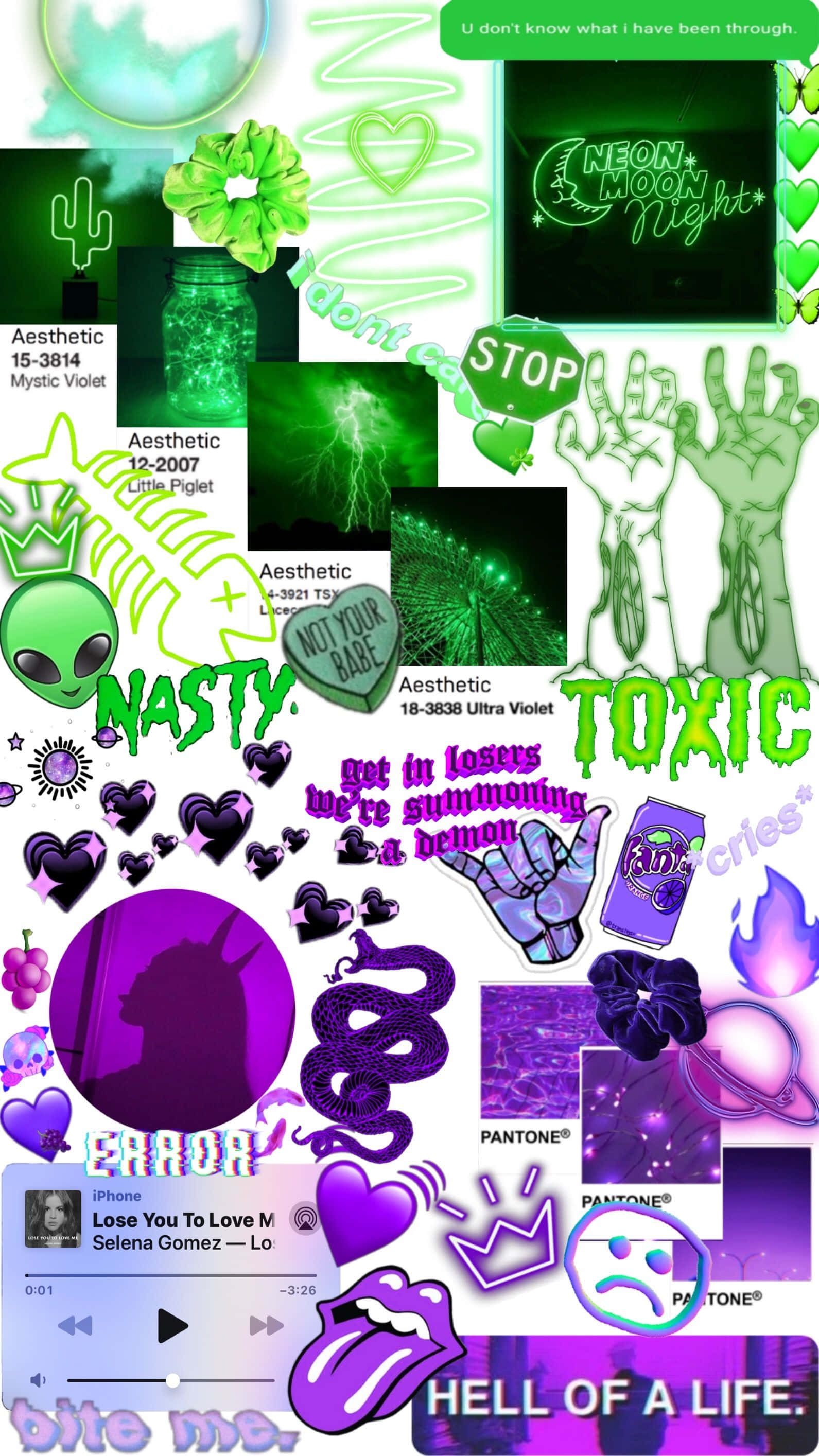 Neon Green And Purple 桌布 壁紙 — 充滿活力的霓虹綠和紫色數位拼貼，帶有毒美學貼紙、外星人圖案和 emo 歌詞。