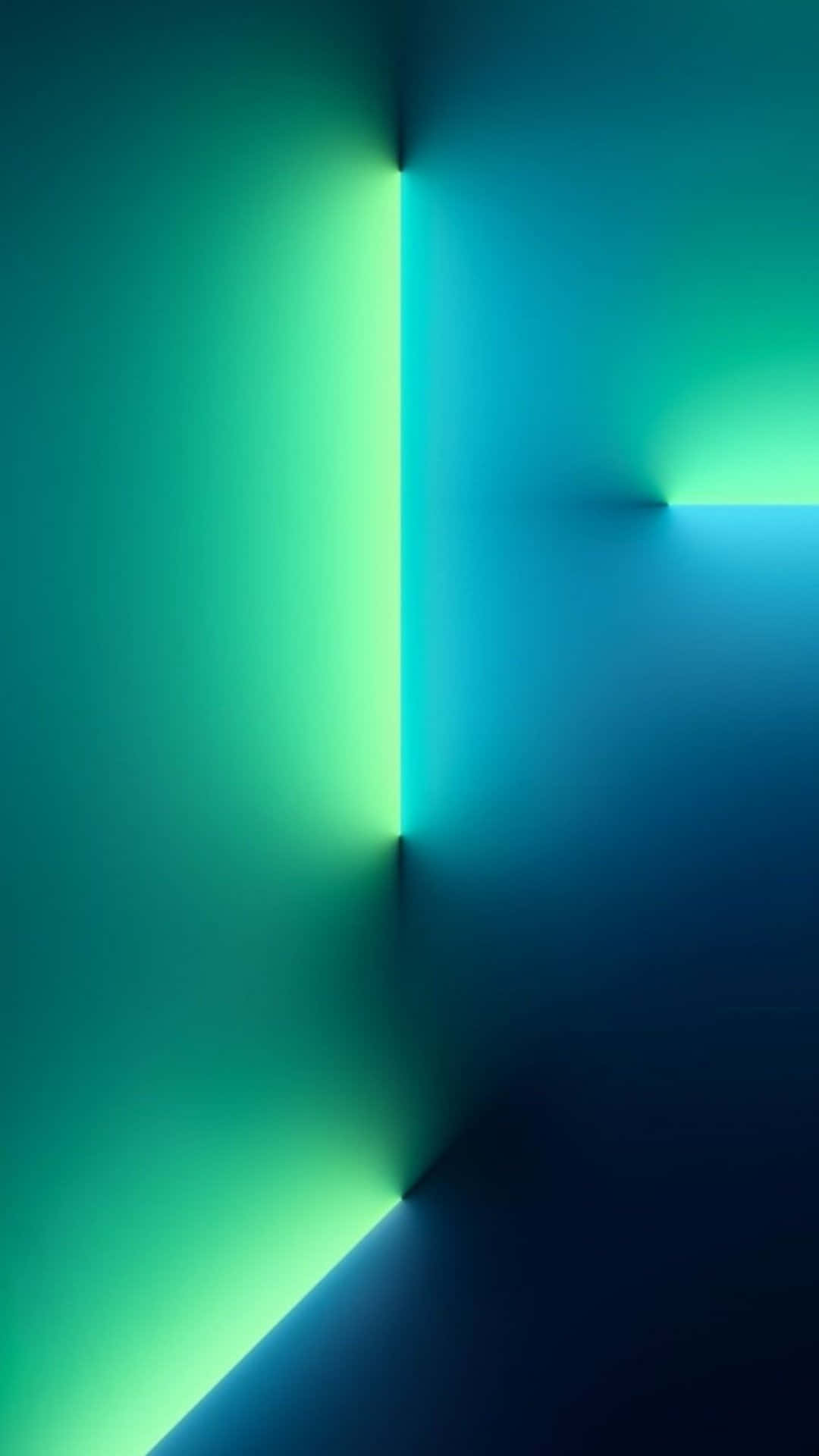 Green Led 桌布 壁紙 — 充滿活力的霓虹綠和藍色光束照亮了一個極簡幾何角落，帶有柔和漸變和深邃陰影。