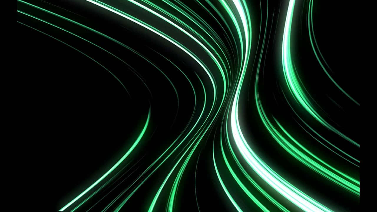 Green And Black 桌布 壁紙 — 充滿活力的霓虹綠色光條在深黑色背景上動態彎曲，營造出未來感的隧道效果。