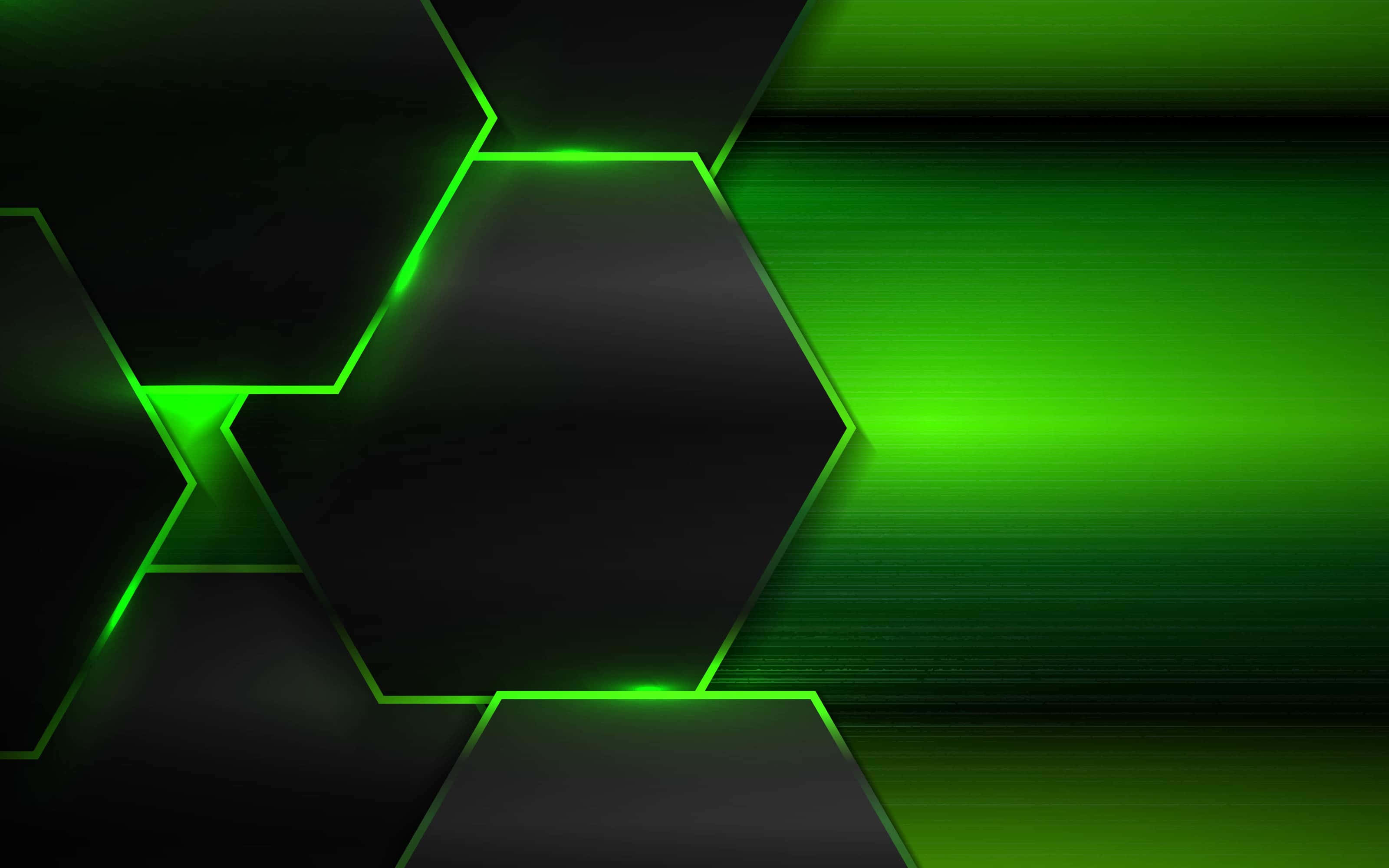 Green Texture 桌布 壁紙 — 充滿活力的霓虹綠色六邊形在帶有動態模糊條紋的深色背景上發光。
