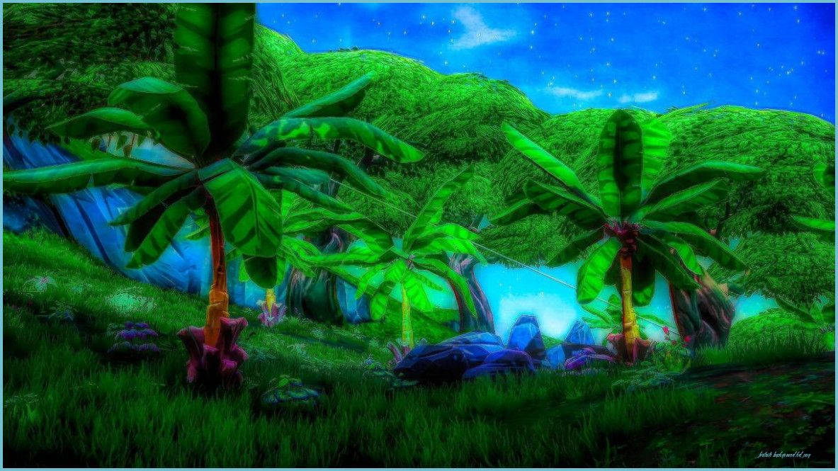 桌布 壁紙 — 充滿活力的霓虹綠色叢林，發光植物和棕櫚樹在繁星點點的藍天下。