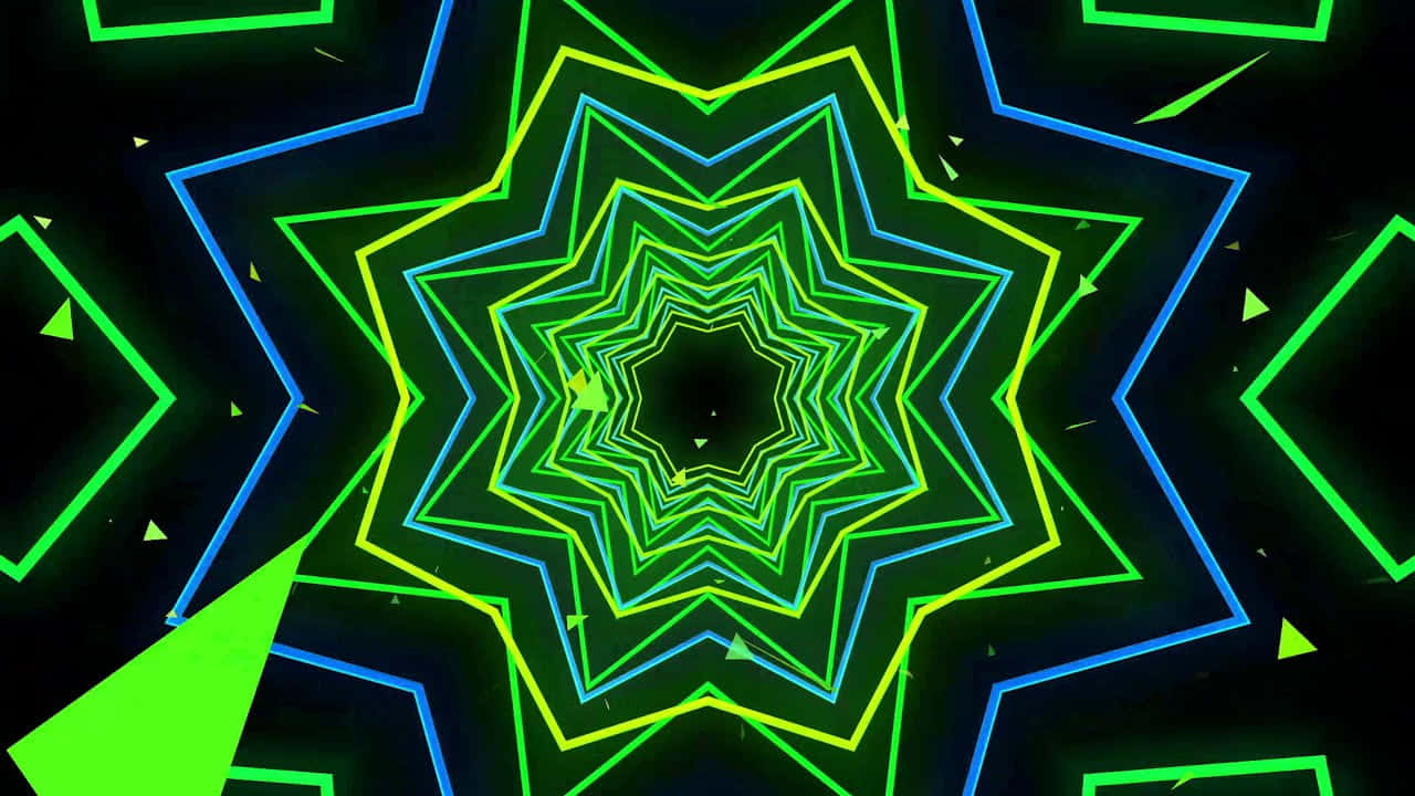 Psychedelic Neon Lights 桌布 壁紙 — 充滿活力的霓虹綠色和藍色幾何星爆從黑暗中心向外輻射，營造出催眠般的數位隧道效果。