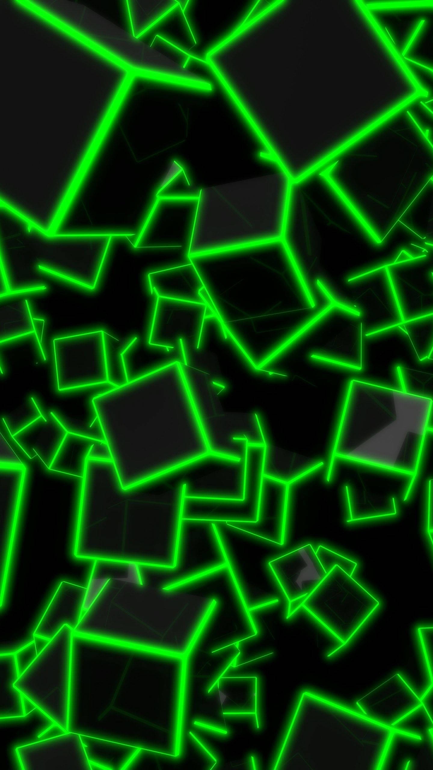 Neon Green 桌布 壁紙 — 充滿活力的霓虹綠色幾何立方體在漆黑的背景上漂浮並相交，形成數位抽象圖案。