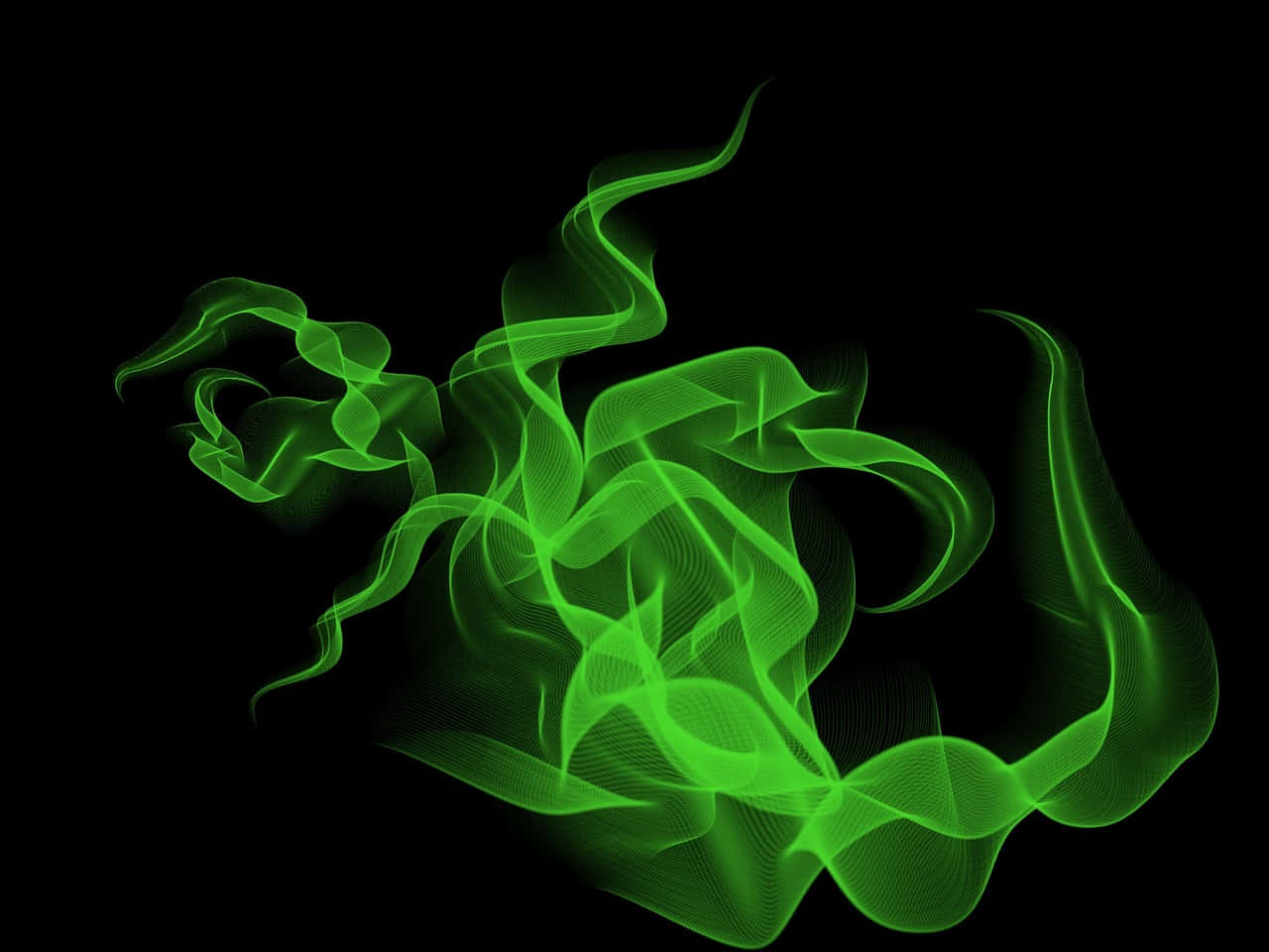 Green Smoke 桌布 壁紙 — 充滿活力的霓虹綠色數位煙霧在純黑色背景上動態旋轉。