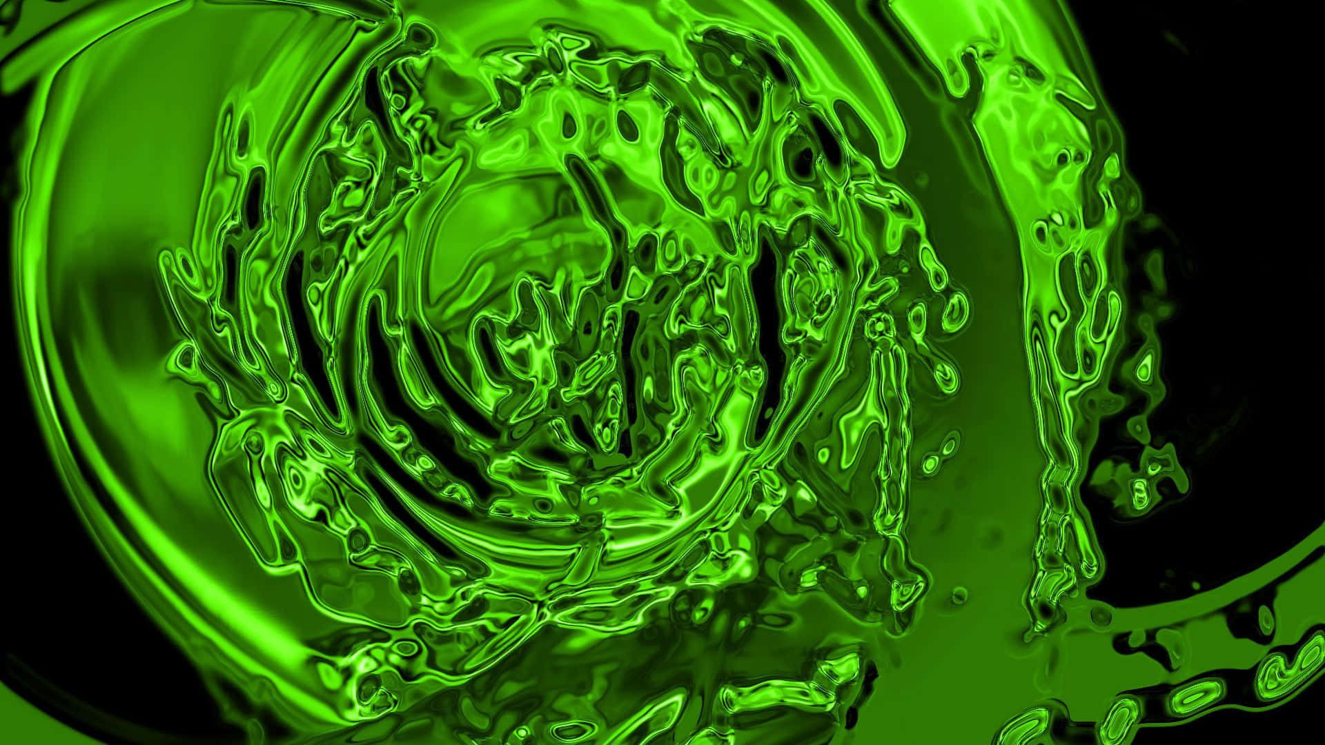 Liquid 桌布 壁紙 — 充滿活力的霓虹綠色液體在純黑背景上動態旋轉，營造出迷人的抽象動感。