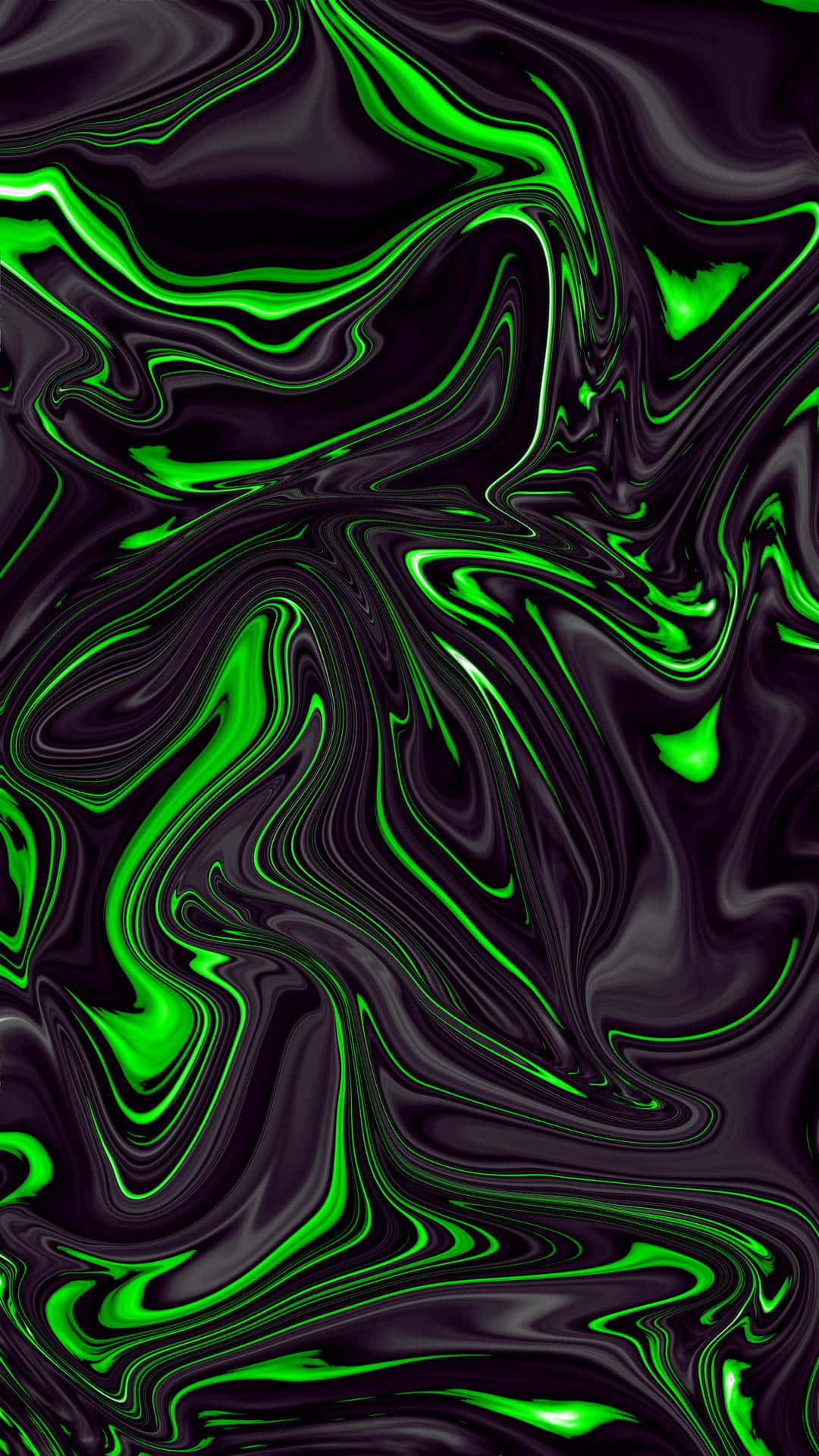 Green And Black 桌布 壁紙 — 充滿活力的霓虹綠色液體漩渦在深黑色背景上營造出動態的抽象運動效果。