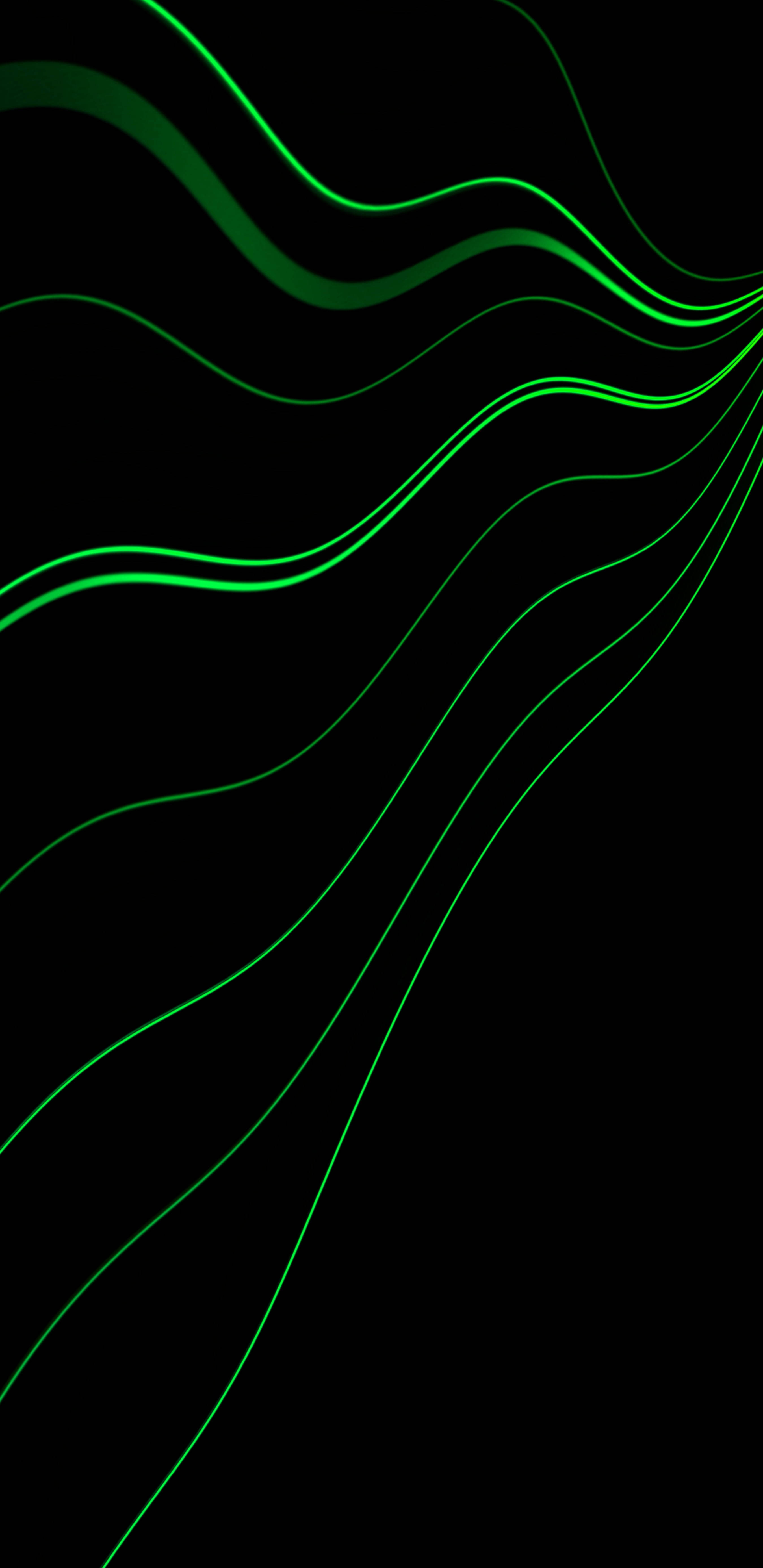 Phone Screen 桌布 壁紙 — 充滿活力的霓虹綠色發光線條在純黑色背景上動態流動，呈現出時尚的數位抽象設計。