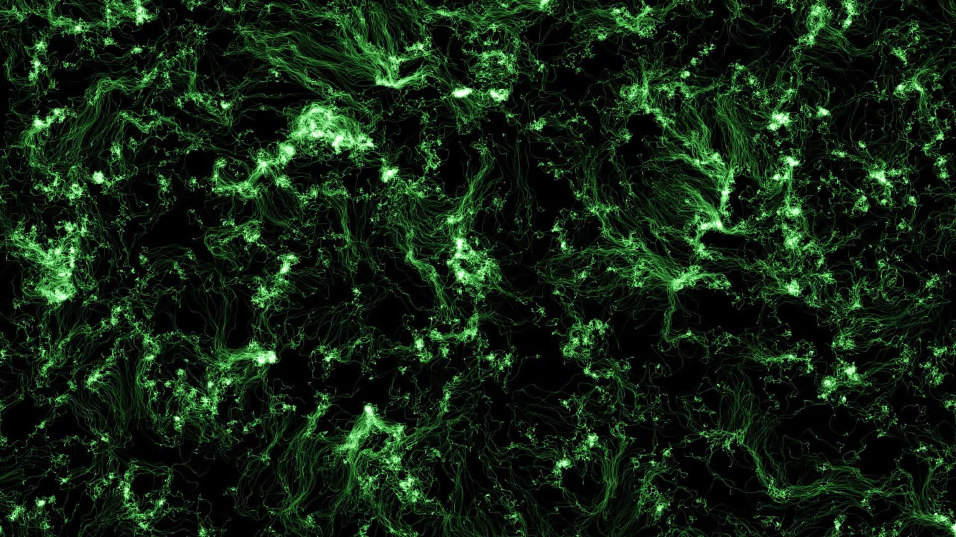 Dark Abstract Art 桌布 壁紙 — 充滿活力的霓虹綠色碎形圖案在深黑色背景上旋轉，形成迷人的數位抽象設計。
