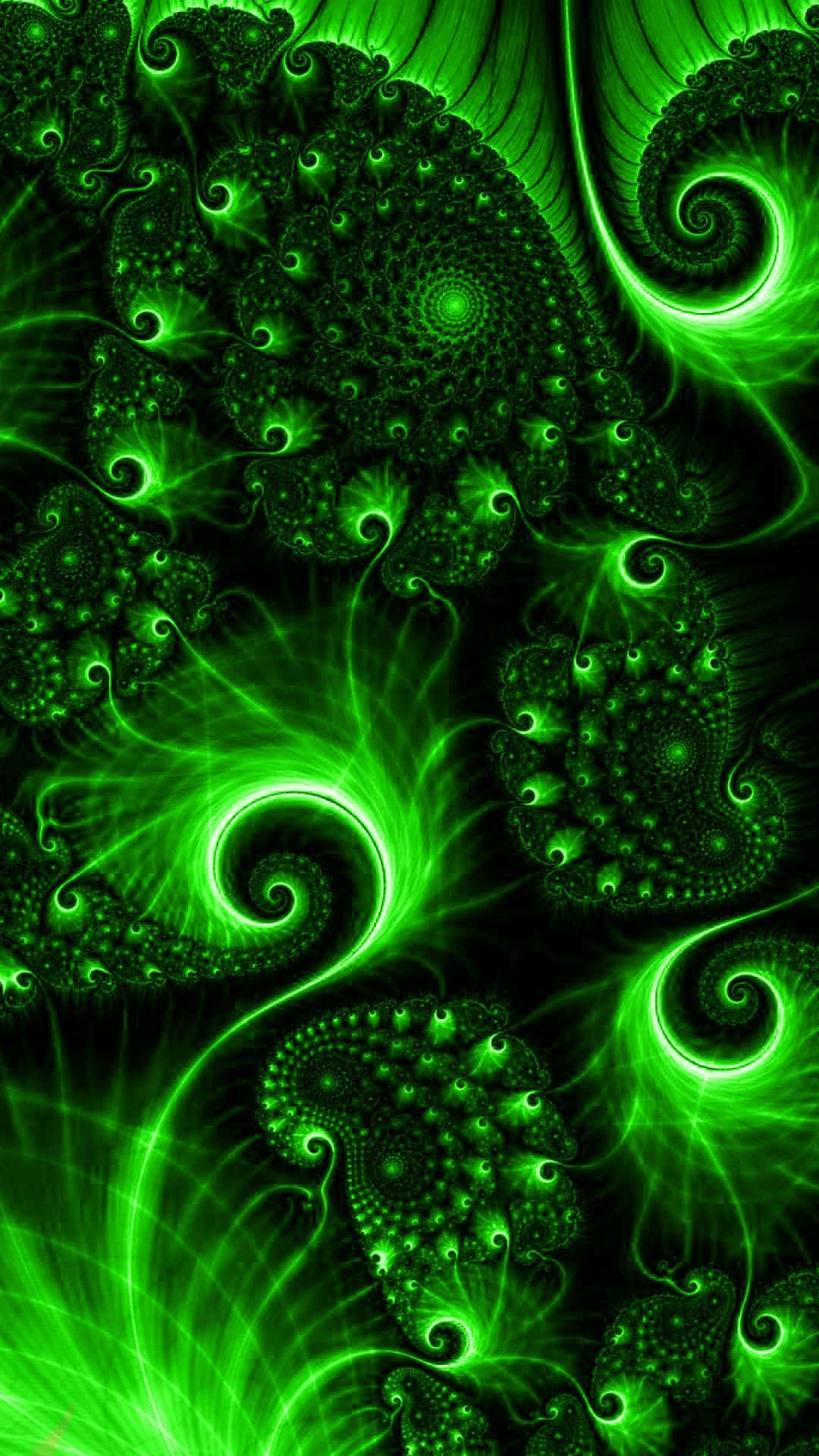 Green Phone 桌布 壁紙 — 充滿活力的霓虹綠色碎形螺旋在黑暗背景上發光，呈現出複雜的數位藝術作品。
