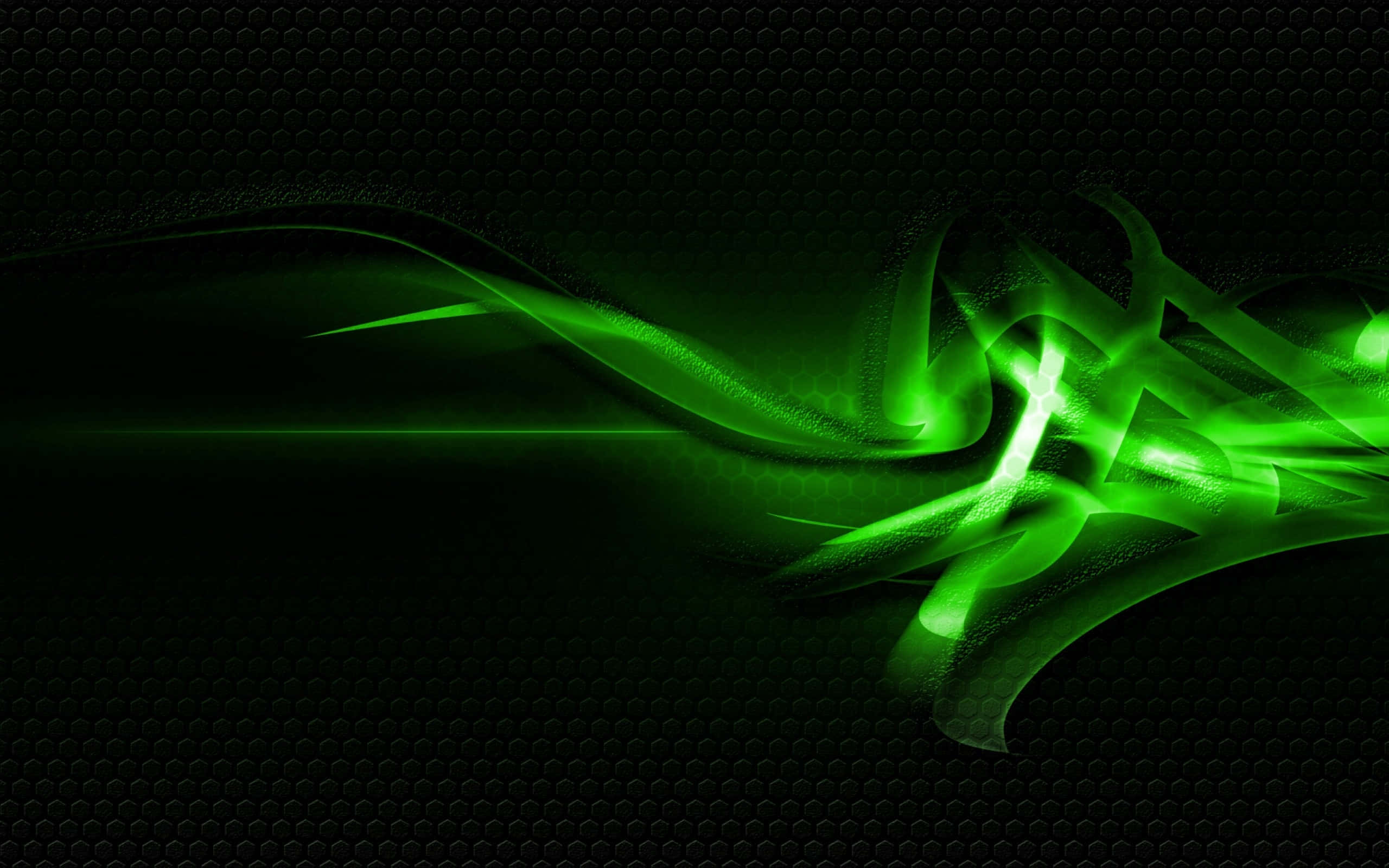 Green Led 桌布 壁紙 — 充滿活力的霓虹綠色能量流在帶有紋理的黑色六邊形背景上動態流動。