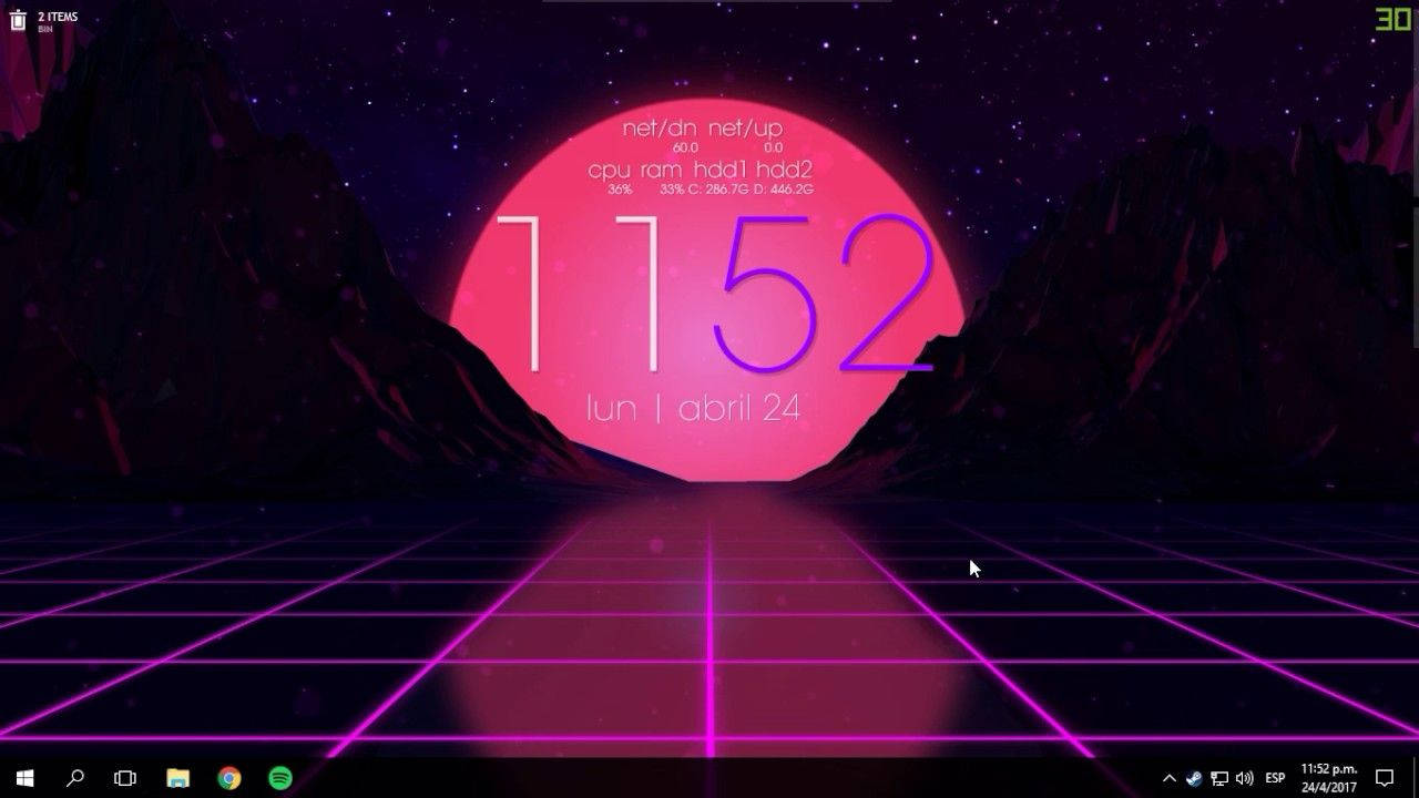 Outrun 桌布 壁紙 — 充滿活力的霓虹網格向黑暗山脈之間發光的粉紅色太陽延伸，在繁星點點的夜空下。