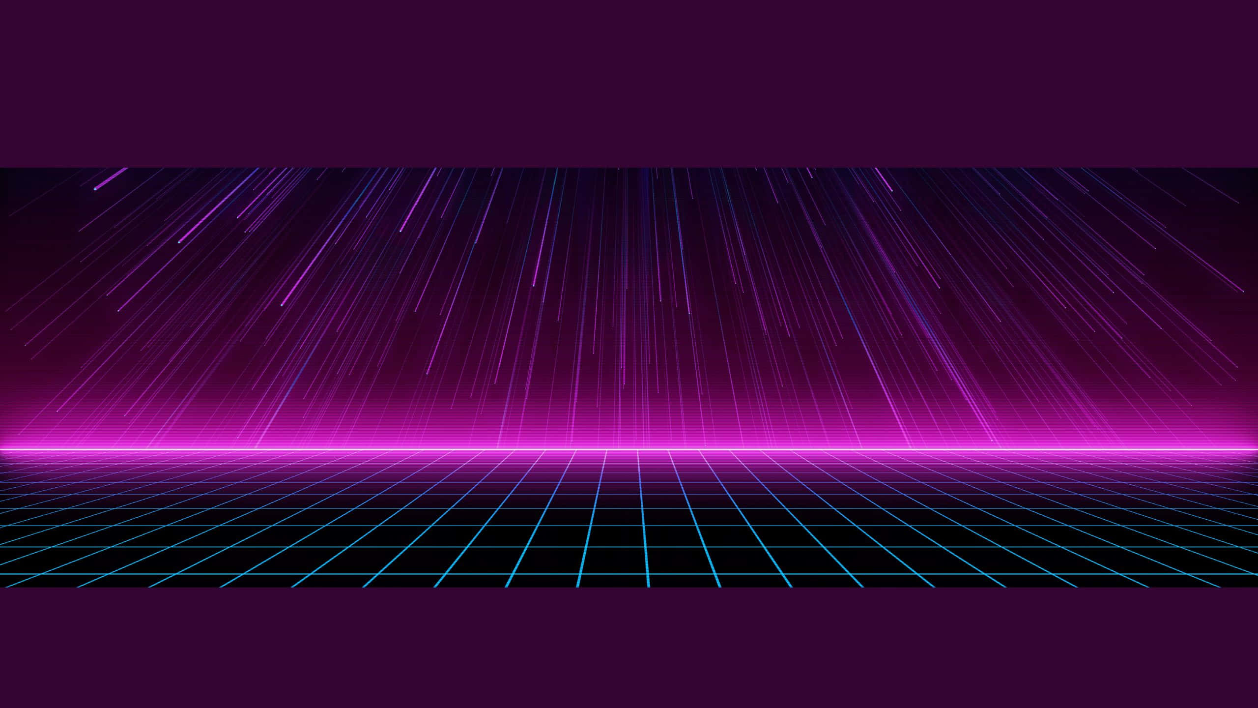 Gaming Banner 桌布 壁紙 — 充滿活力的霓虹網格地板，在星爆天空下帶有發光的紫色和藍色線條，呈現復古未來主義風格。