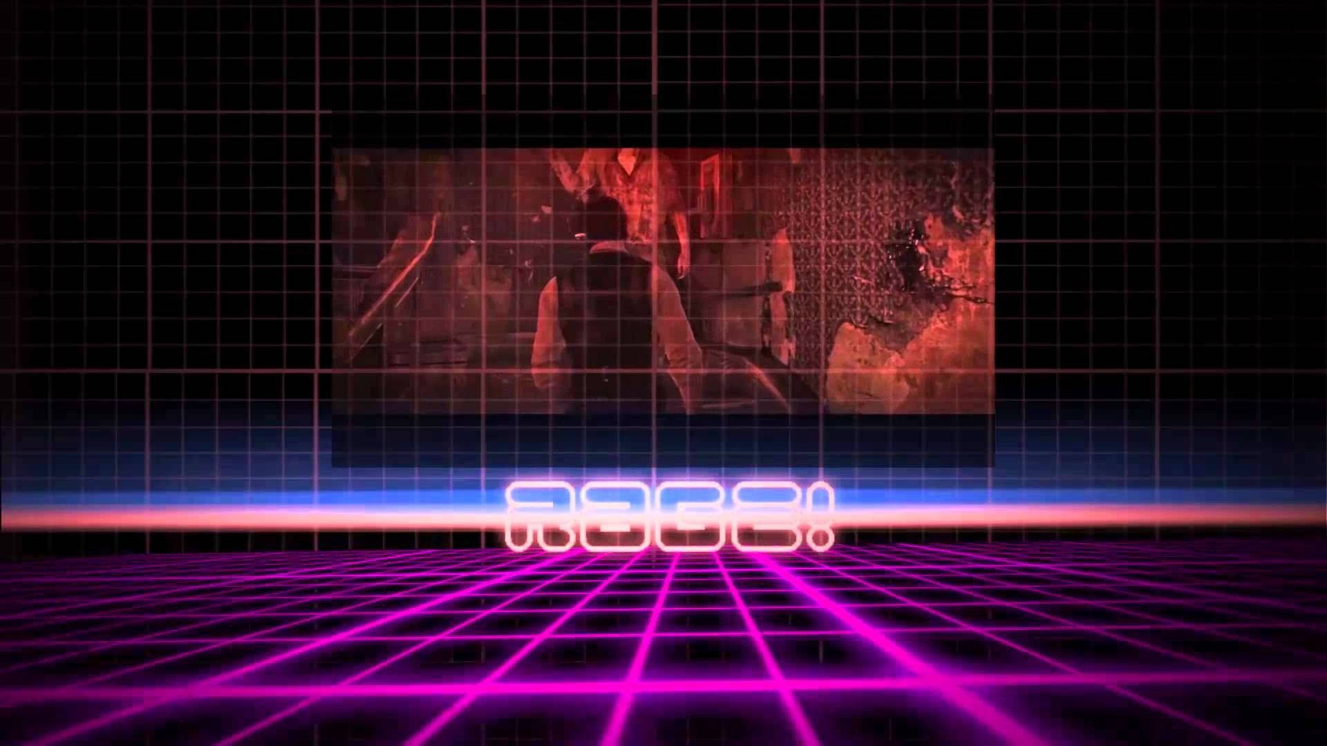 Aesthetic Retro 桌布 壁紙 — 充滿活力的霓虹網格地板和發光的「RAGE!」文字框出數位介面內粗糙的紅色調場景。