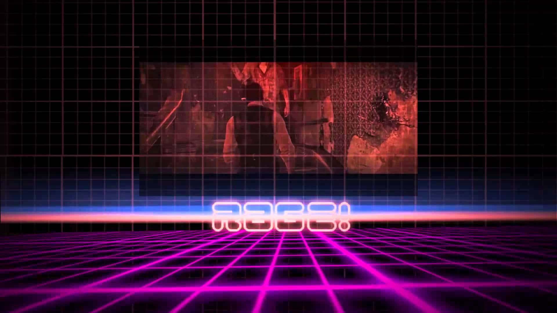 80年代美學 桌布 壁紙 — 充滿活力的霓虹網格地板和發光的「RAGE!」文字框住一個粗糙的紅色監視器，呈現復古未來主義的數位場景。
