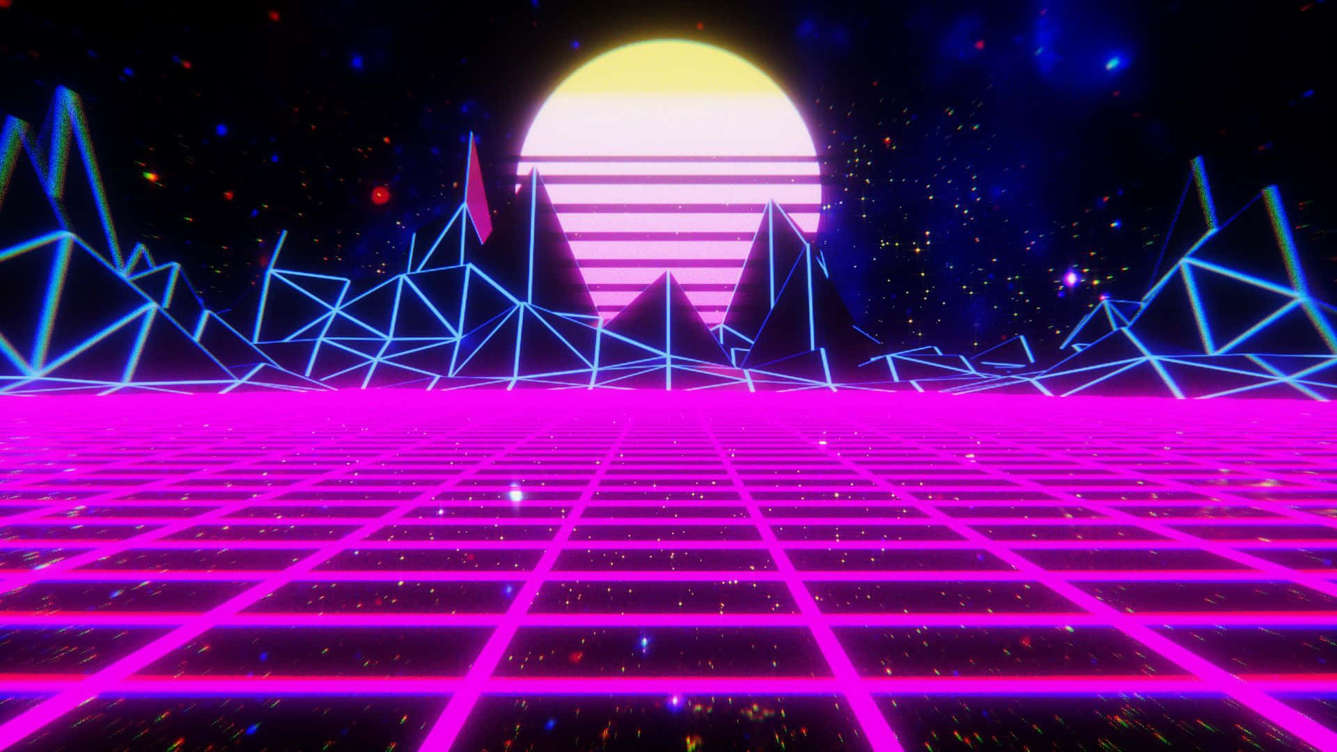 Purple Grunge Aesthetic 桌布 壁紙 — 充滿活力的霓虹網格延伸向一條紋太陽，在閃爍的幾何山脈上升起，背景是星空復古未來主義天空。