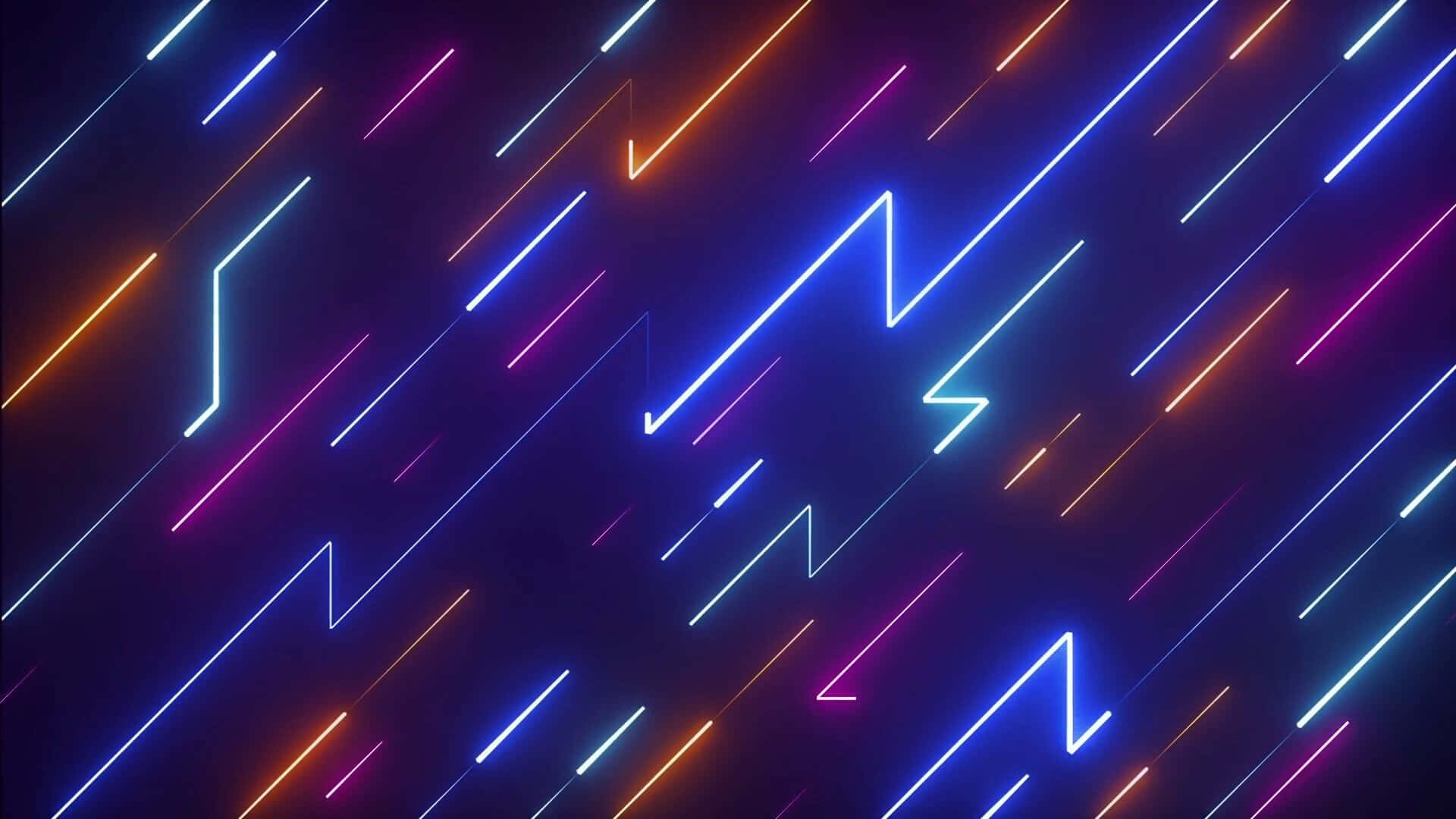 Cool Abstract 桌布 壁紙 — 充滿活力的霓虹線條以電光藍、橙和粉紅色在深色背景上對角線劃過，形成抽象的鋸齒形圖案。
