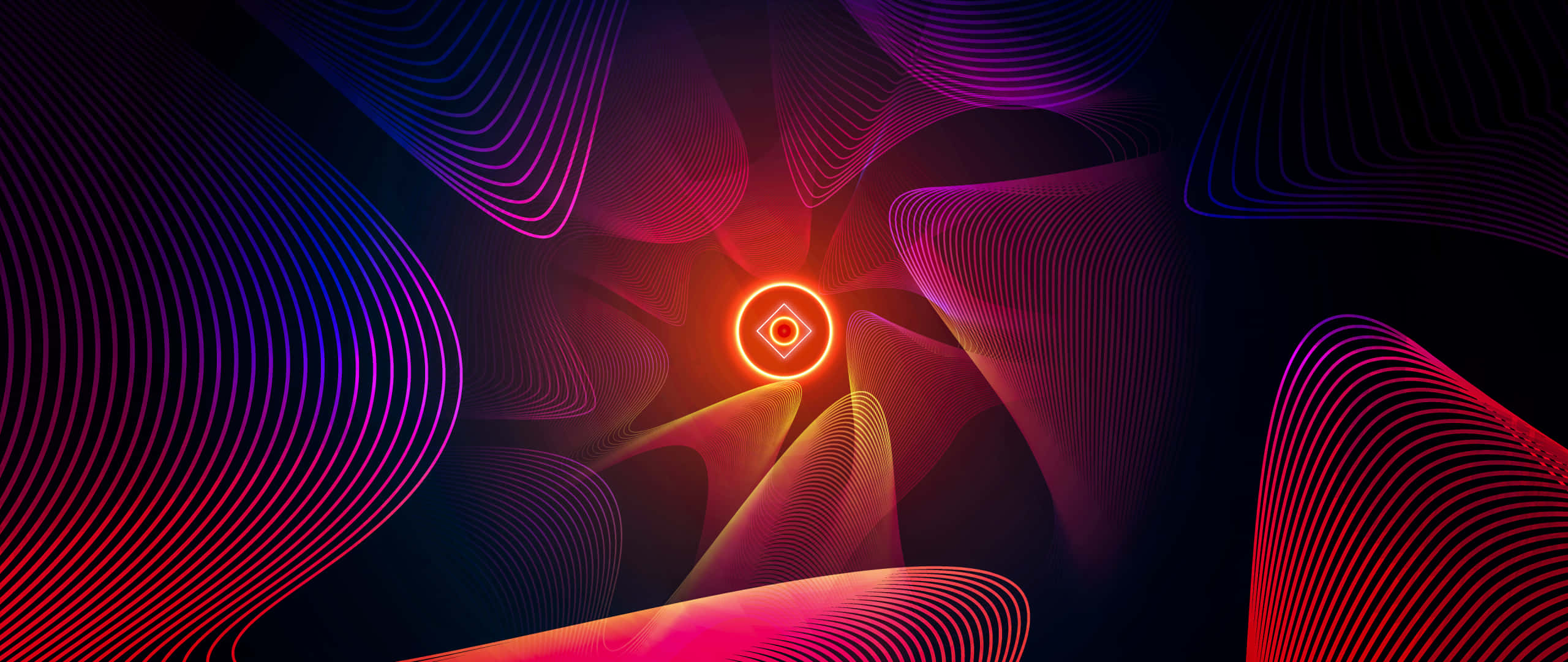 Art 2560x1080 桌布 壁紙 — 充滿活力的霓虹線條在紅、紫、藍色的隧道中旋轉，匯聚到一個發光的橙色眼睛符號上。