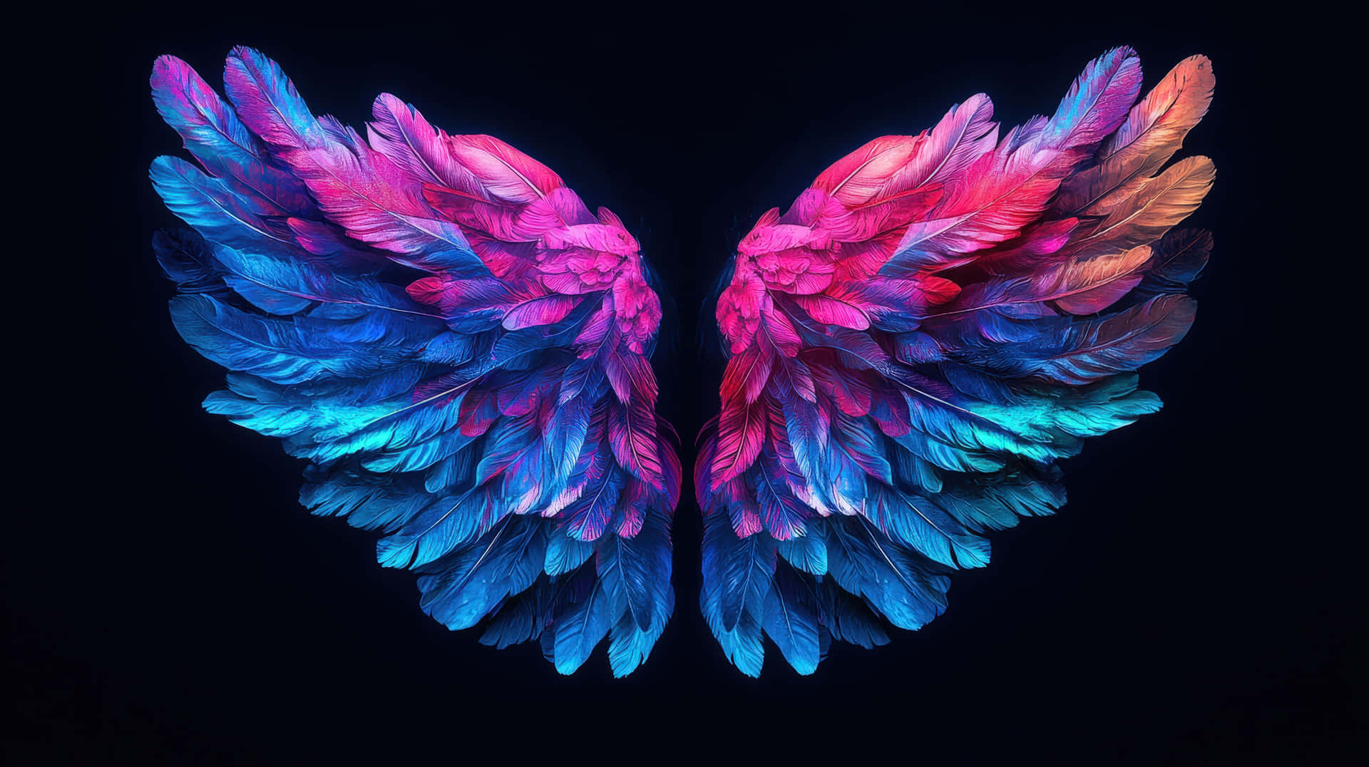 Colorful Angel Wings with Neon Glow on Dark Background 壁紙 — 充滿活力的霓虹翅膀，帶有漸變粉紅、藍色和橙色羽毛，在黑色背景上展開。