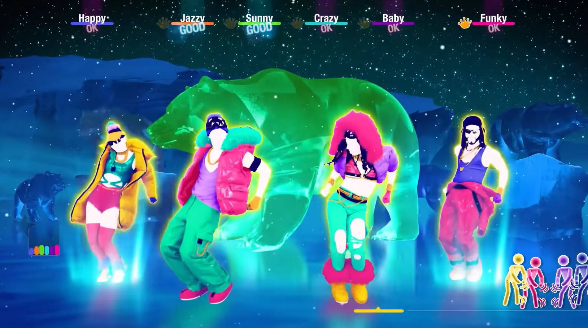 Just Dance 桌布 壁紙 — 充滿活力的霓虹舞者在星空下表演，身後有發光的綠色熊剪影。