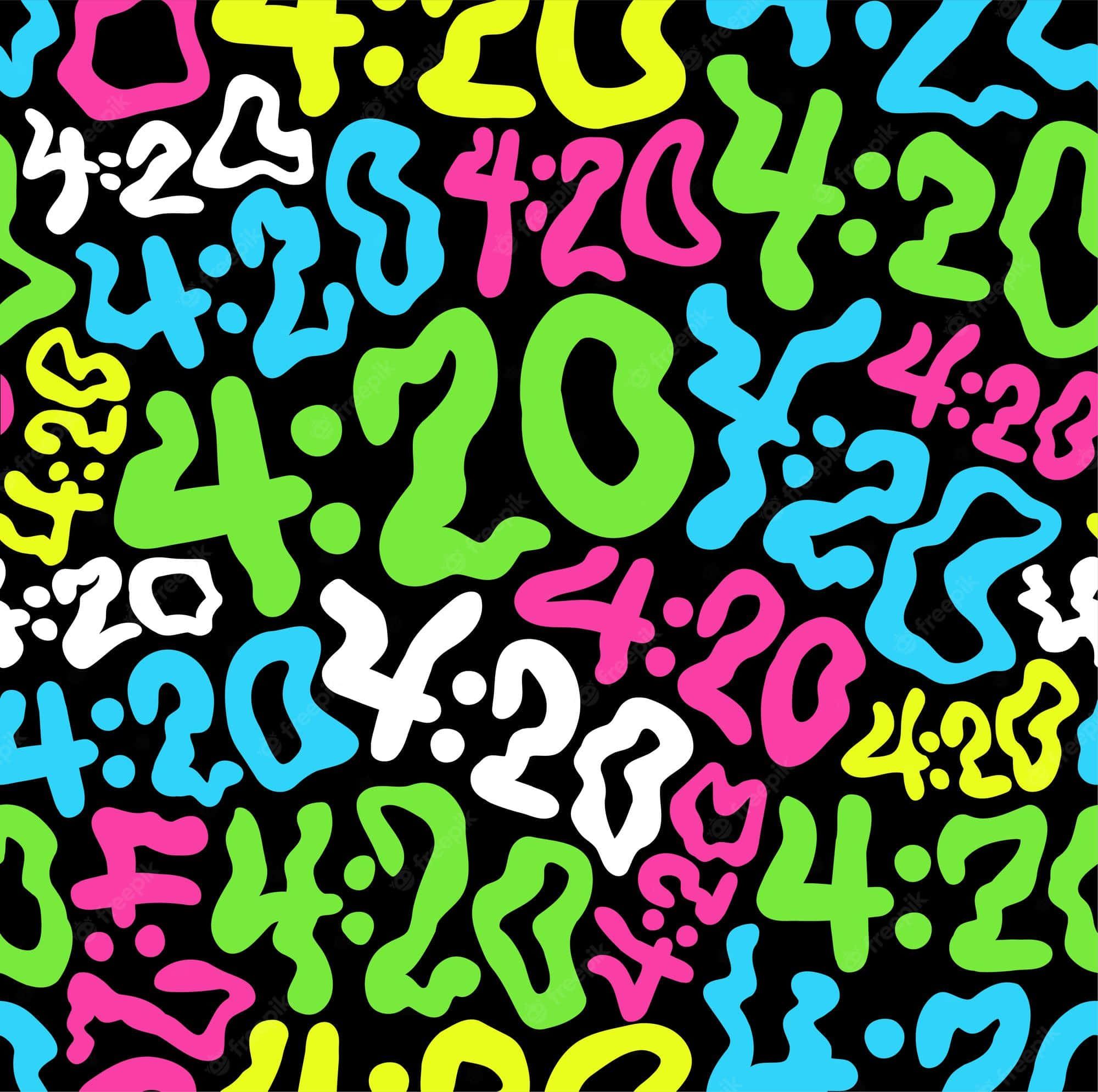 2 桌布 壁紙 — 充滿活力的霓虹色 4:20 時間戳以俏皮的塗鴉風格字體在黑色背景上重複。