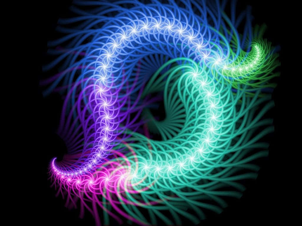 Visuals 桌布 壁紙 — 充滿活力的霓虹色分形卷鬚在漆黑的虛空中以催眠般的動作螺旋盤旋，散發著電光藍、紫和青綠色的光芒。