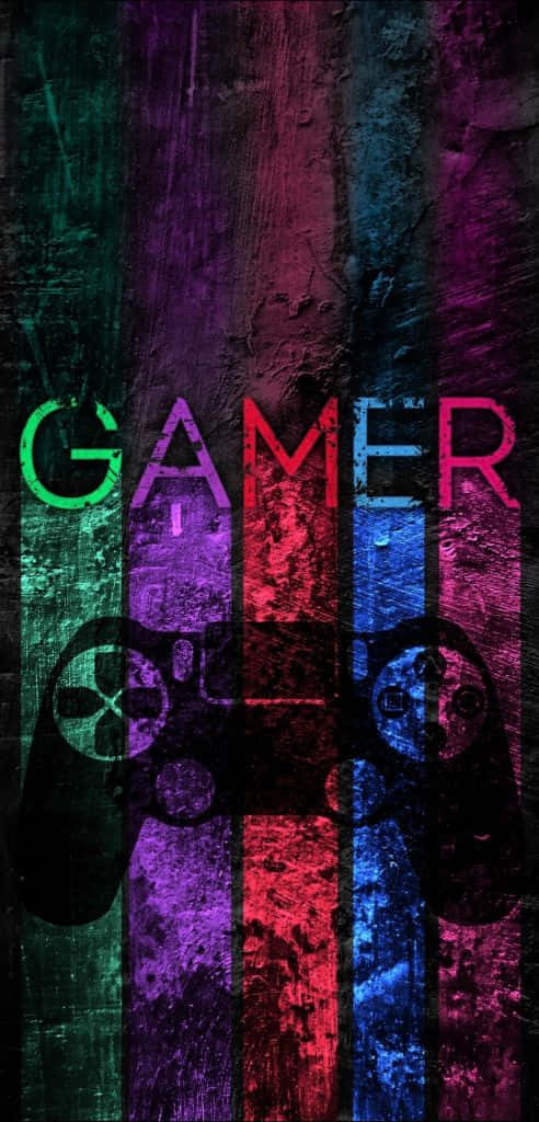 Gamer 桌布 壁紙 — 充滿活力的霓虹色垂直條紋形成粗糙紋理背景，帶有 GAMER 字樣和控制器輪廓。
