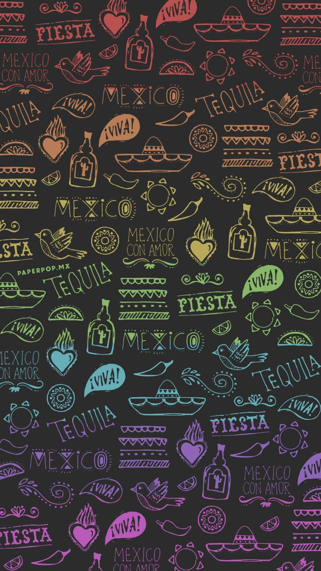 Mexican Food 桌布 壁紙 — 充滿活力的霓虹色墨西哥主題塗鴉，如闊邊帽、龍舌蘭酒和心形，散落在深色黑板背景上。