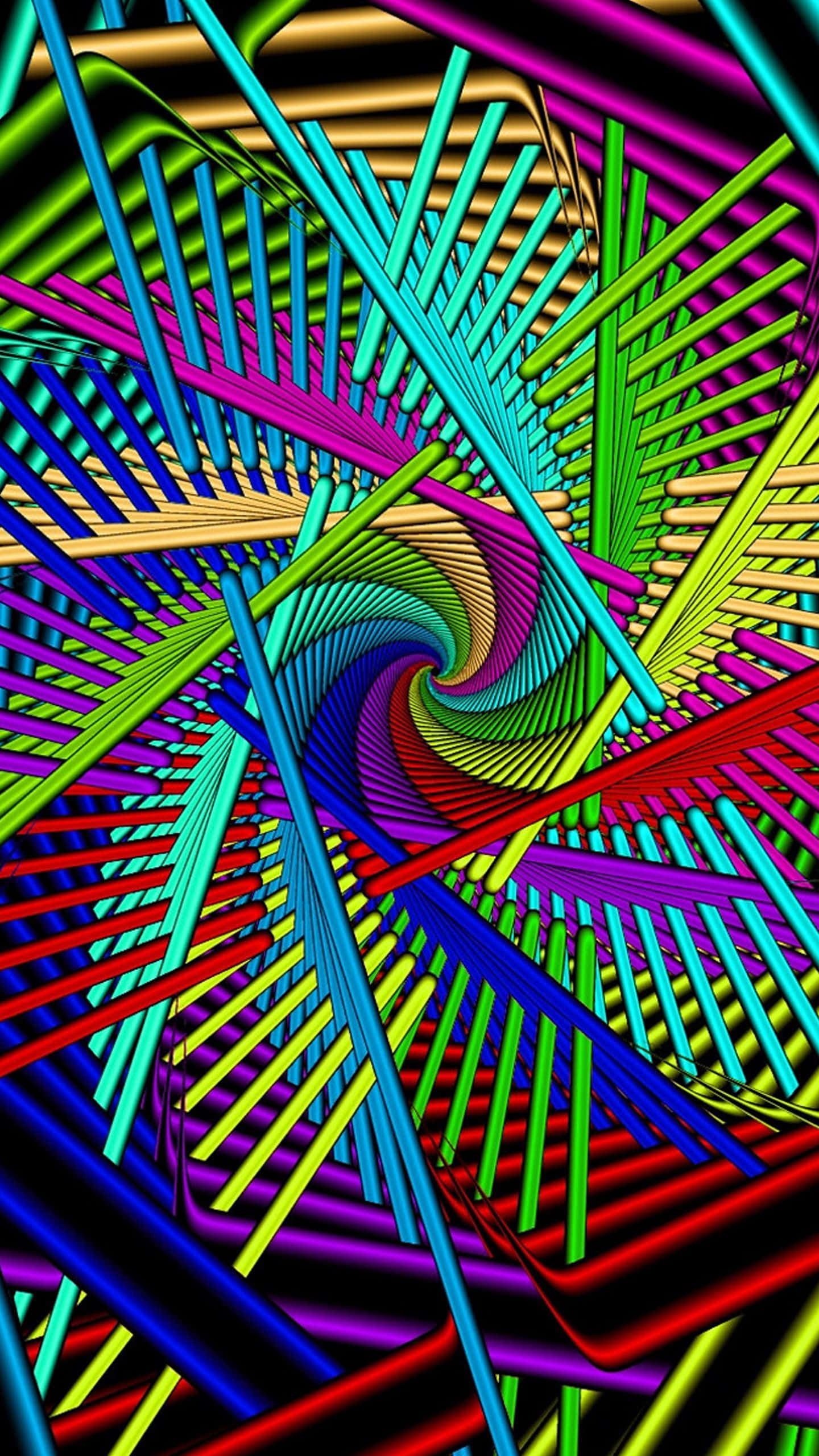 手機 桌布 壁紙 — 充滿活力的霓虹色幾何線條向內螺旋，形成催眠般的數位隧道效果。