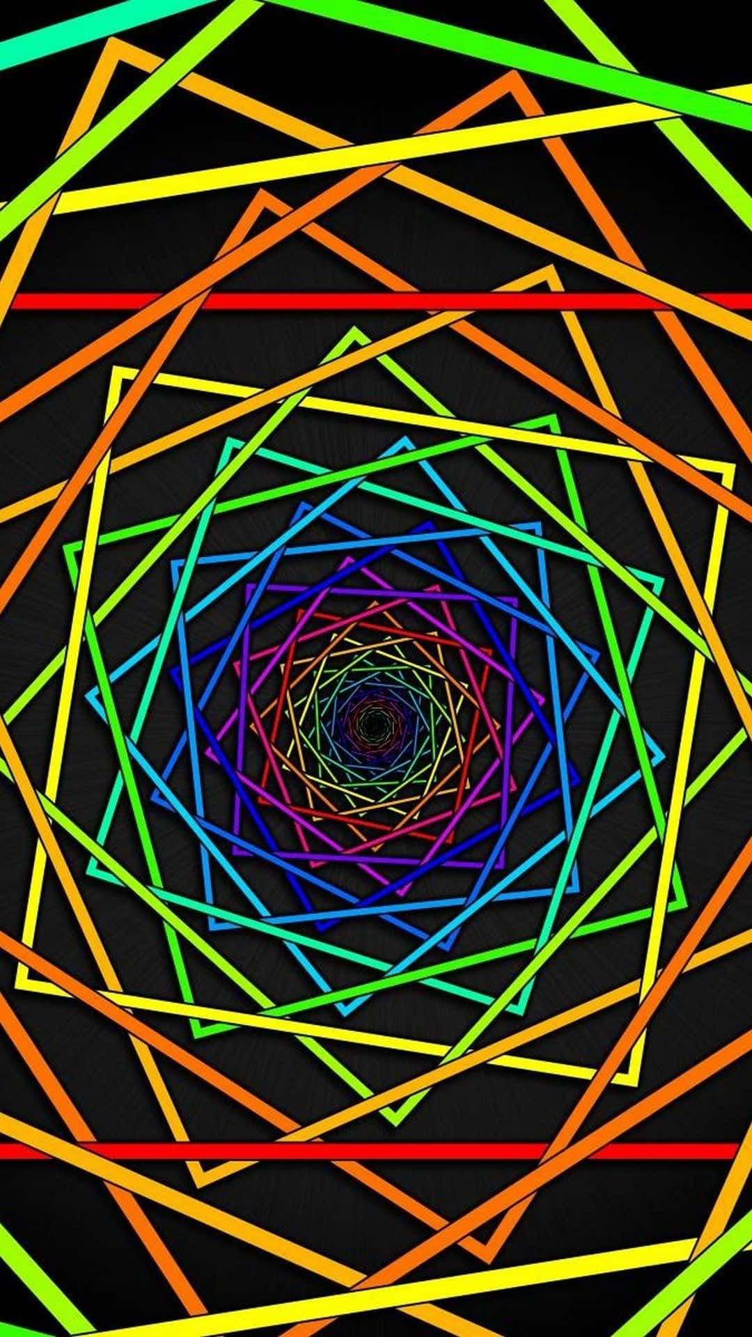 Psychedelic Neon Lights 桌布 壁紙 — 充滿活力的霓虹色幾何線條在黑色背景上向內螺旋，營造出催眠般的數位隧道效果。
