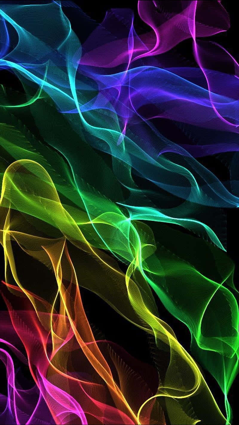 Neon Green And Purple 桌布 壁紙 — 充滿活力的霓虹色彩帶在黑色背景上動態流動，形成迷人的數位抽象圖案。
