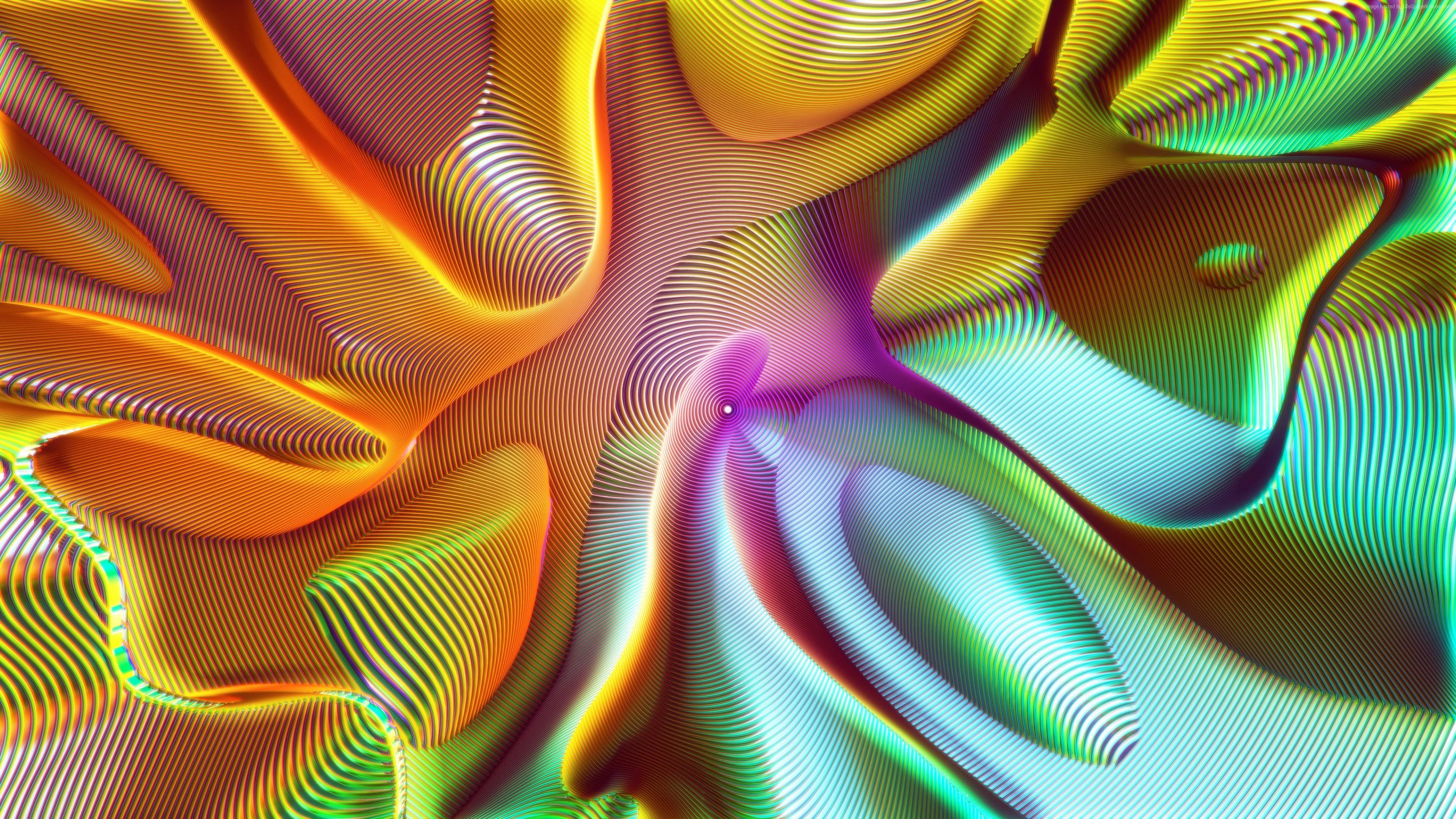 Spiral 桌布 壁紙 — 充滿活力的霓虹色彩抽象波浪在數位藝術作品中以催眠般的精準度蕩漾。