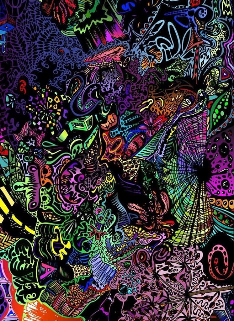 桌布 壁紙 — 充滿活力的霓虹色抽象塗鴉在黑色背景上以混亂的迷幻圖案旋轉。