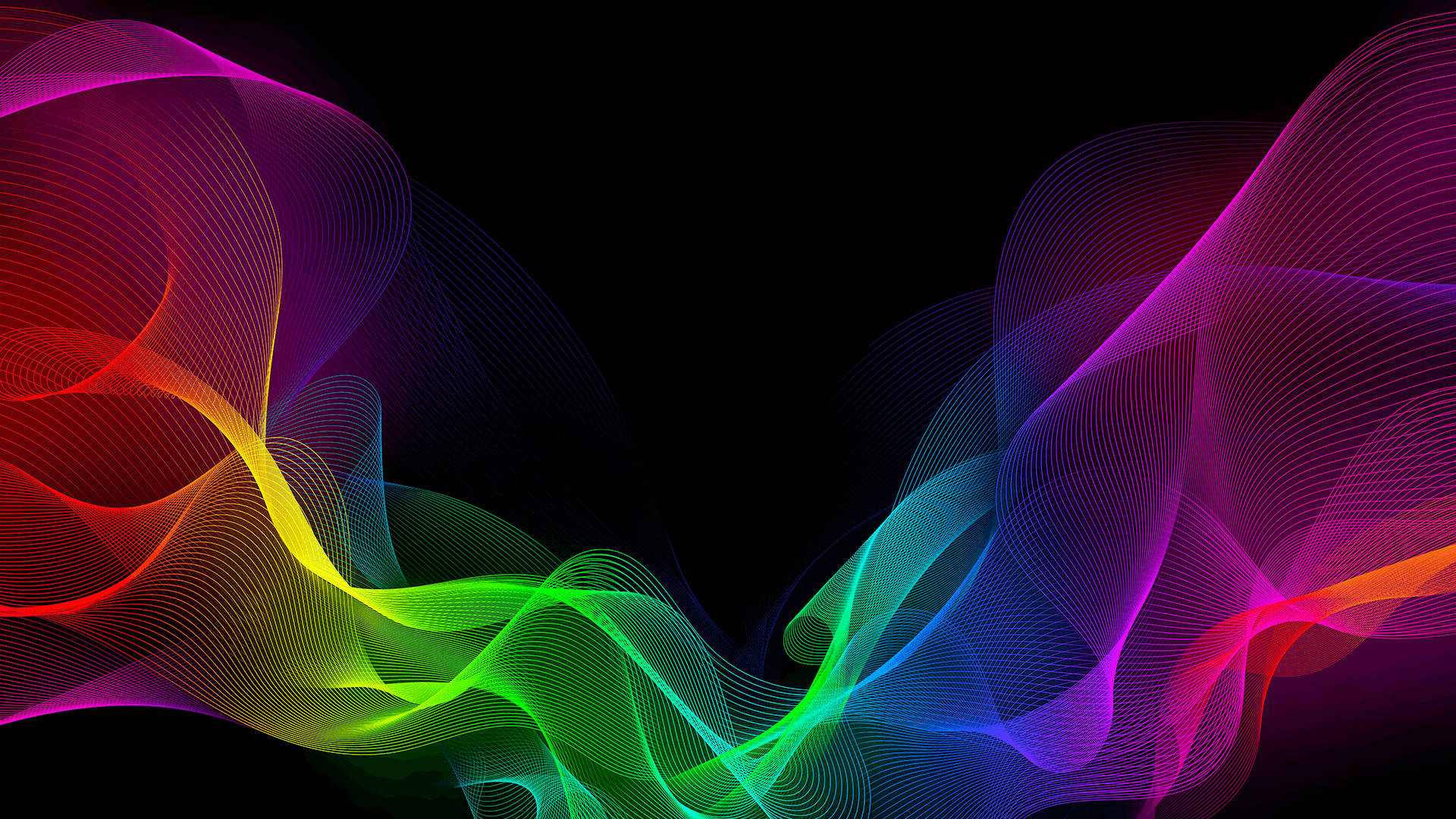 RGB 桌布 壁紙 — 充滿活力的霓虹色流動線條在純黑色背景上動態旋轉，創造出迷人的數位抽象圖案。