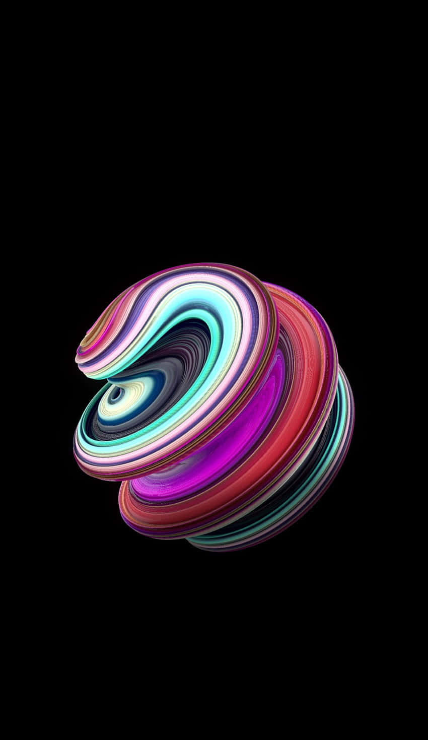 桌布 壁紙 — 充滿活力的霓虹色漩渦絲帶在純黑背景上形成催眠般的螺旋。