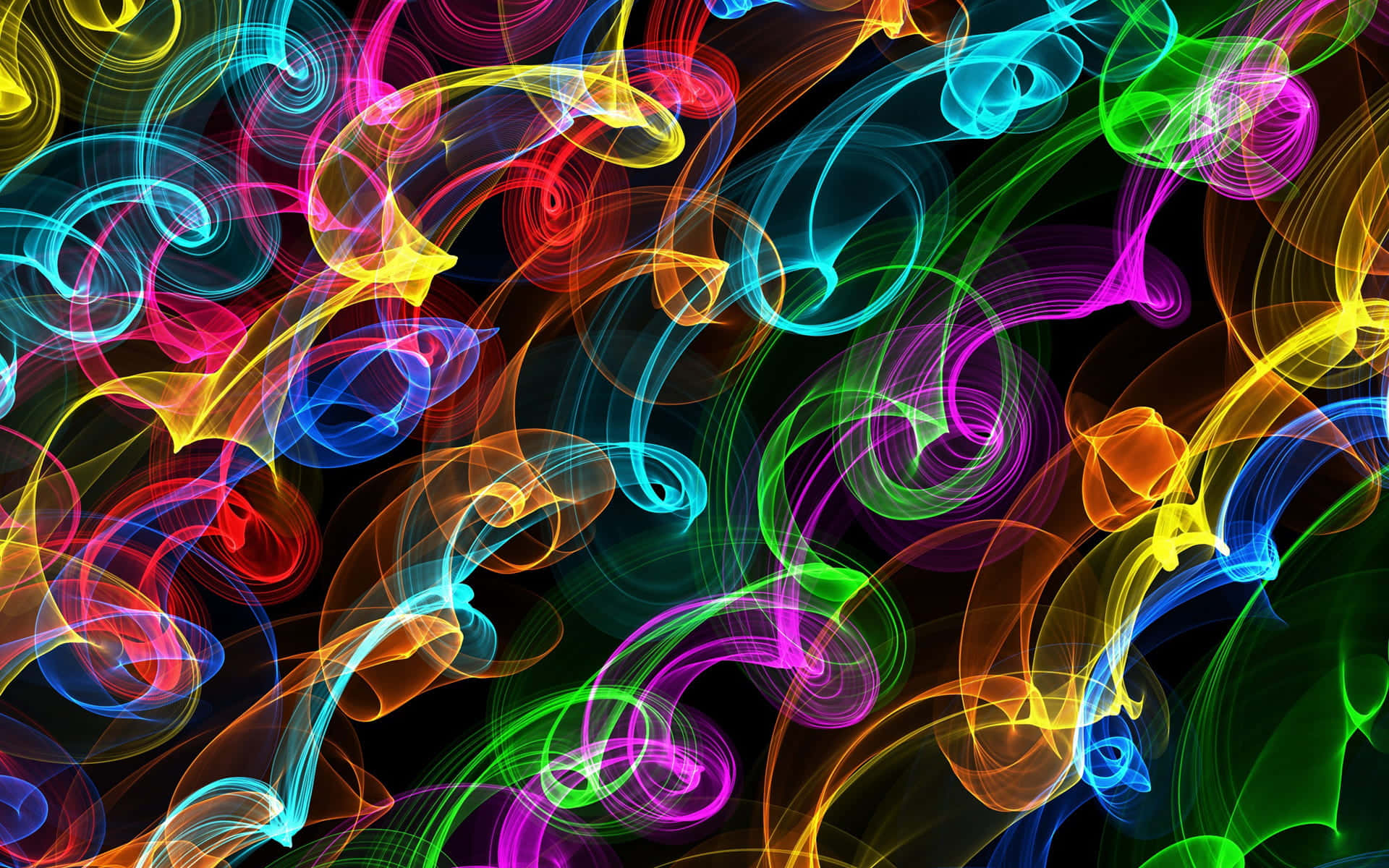 Psychedelic Neon Lights 桌布 壁紙 — 充滿活力的霓虹色發光絲帶在黑色背景上動態旋轉，形成迷人的抽象圖案。