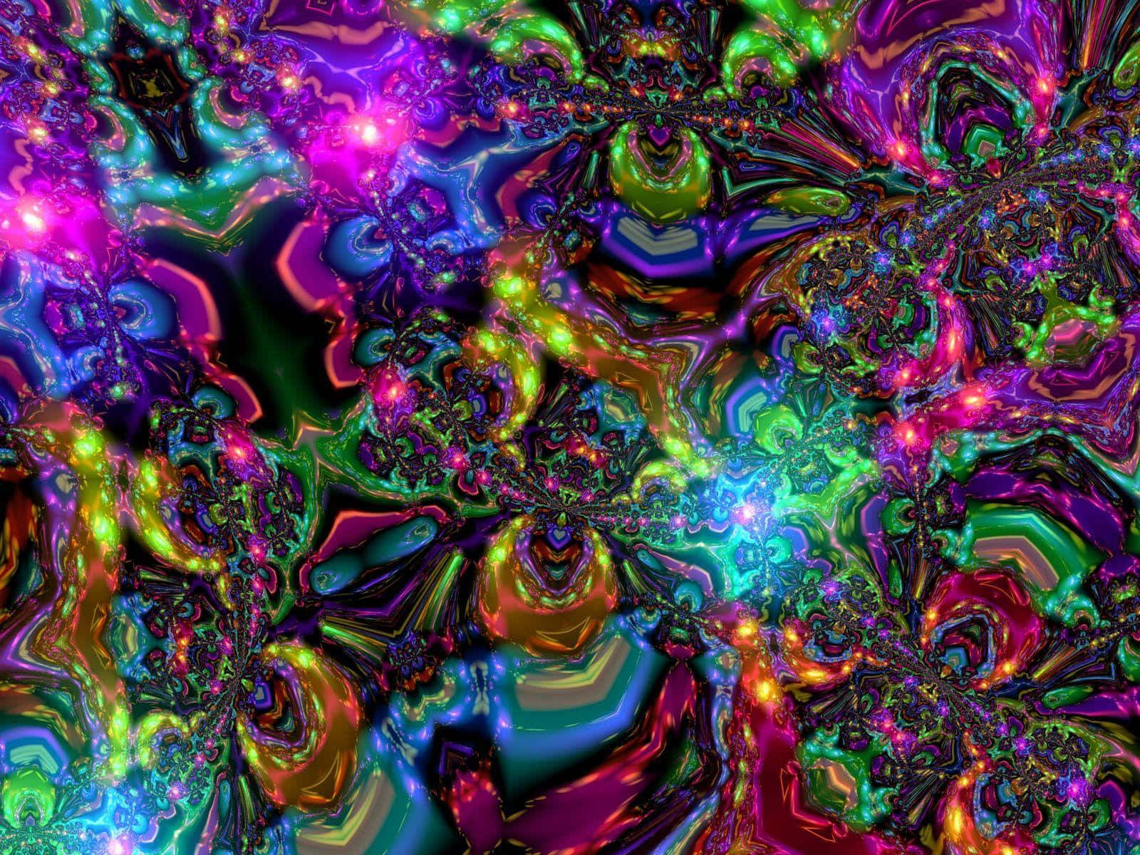碎形 桌布 壁紙 — 充滿活力的霓虹色碎形圖案在迷幻混沌中旋轉，帶有發光的洋紅色、綠色和電光藍色調。