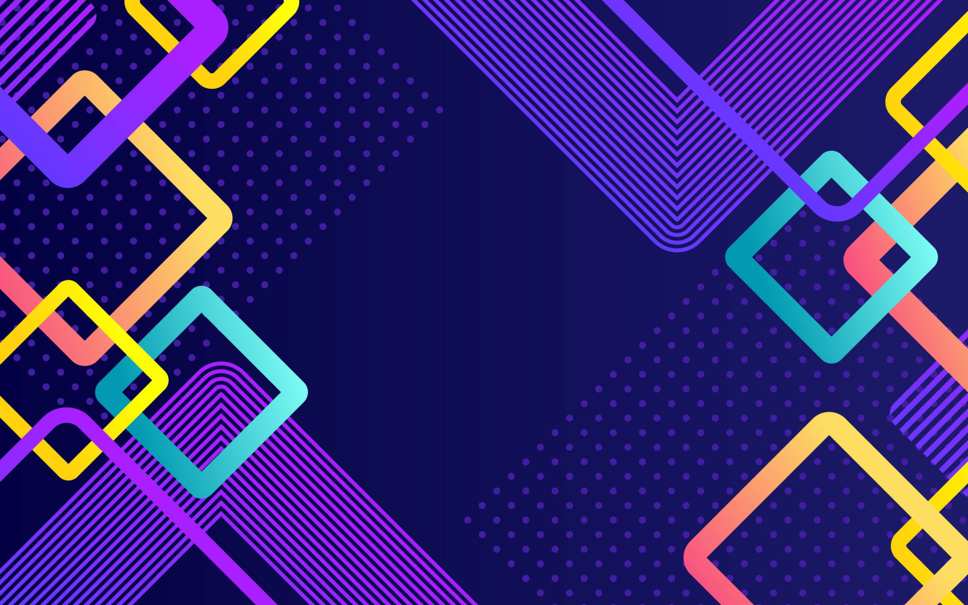 Android Material Design 桌布 壁紙 — 充滿活力的霓虹色調幾何形狀漂浮在深紫色圓點背景上，帶有動態線條。