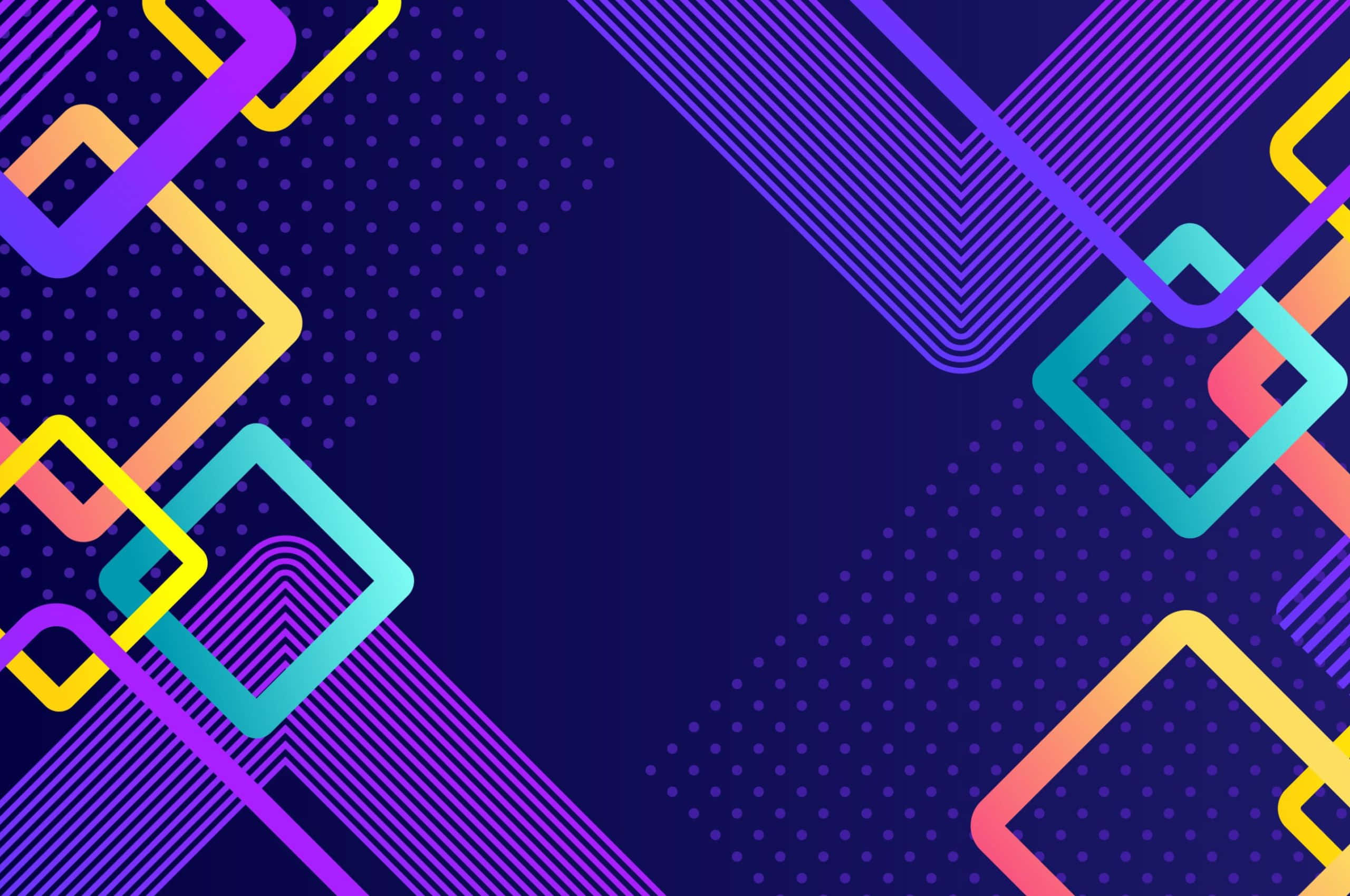 2560x1700 桌布 壁紙 — 充滿活力的霓虹色調幾何形狀漂浮在深紫色圓點背景上，帶有動態的對角線。
