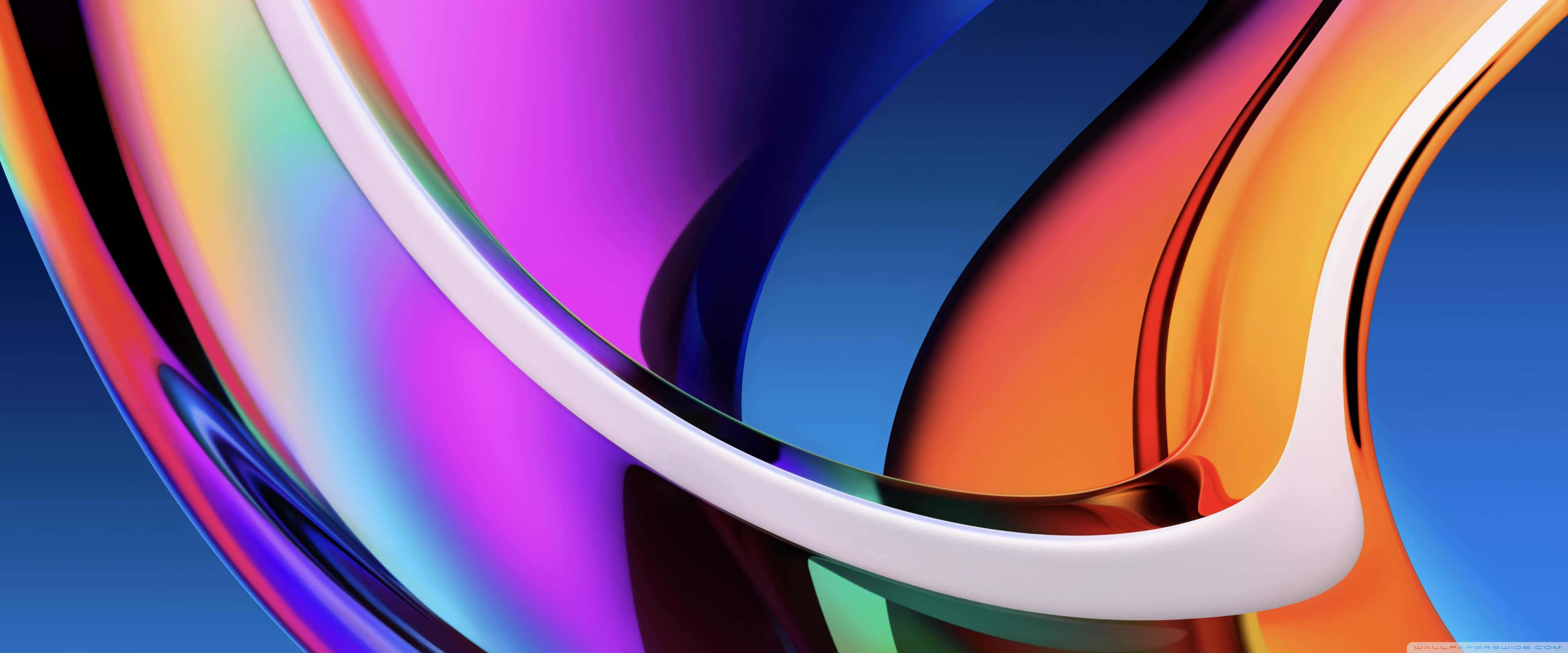 Apple 3840x1600 桌布 壁紙 — 充滿活力的霓虹色調抽象曲線在深藍色漸變背景上動態流動。
