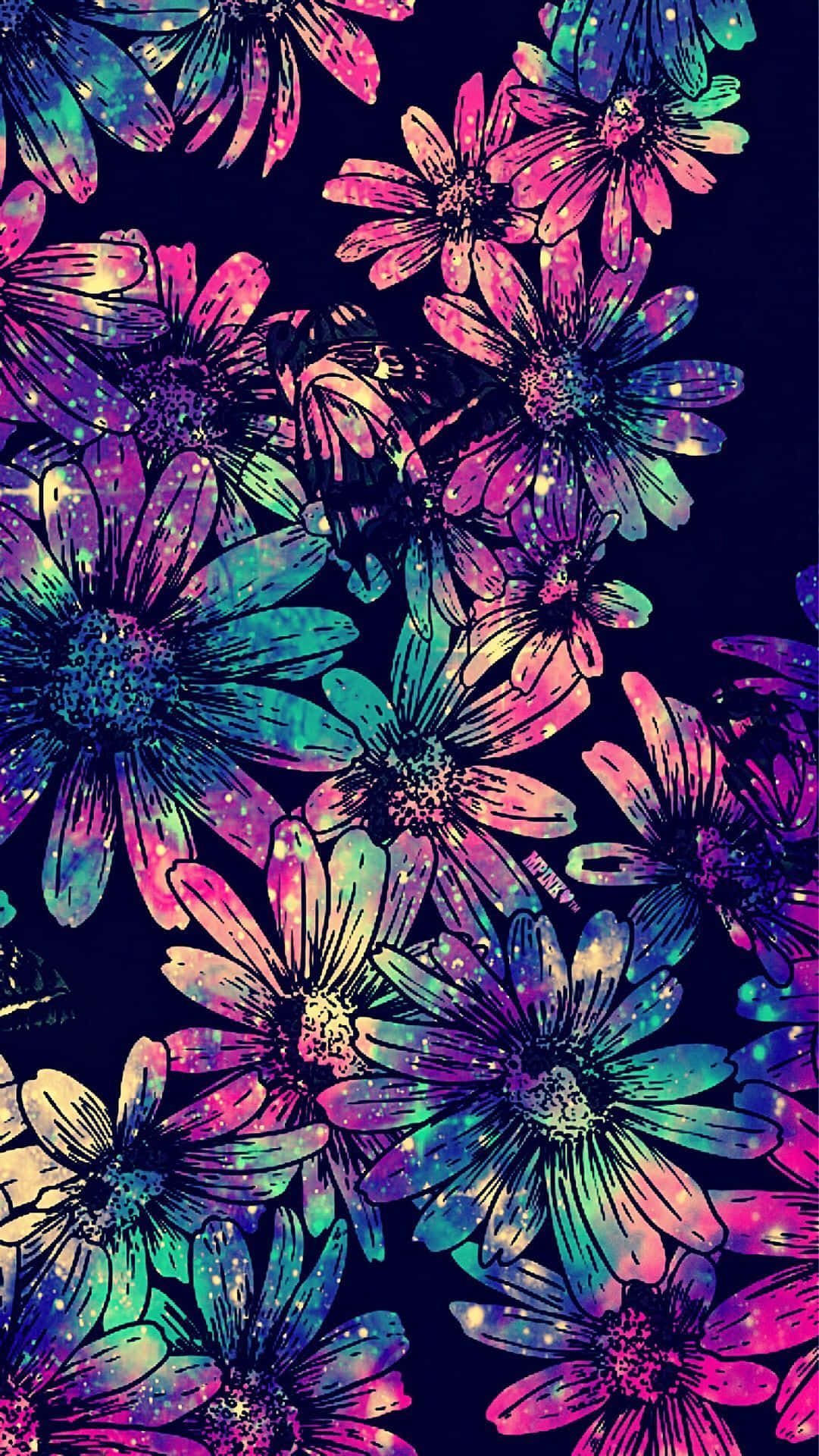 閃爍 桌布 壁紙 — 充滿活力的霓虹花朵帶有宇宙閃光，在深邃的黑暗背景中以迷幻數位藝術風格綻放。