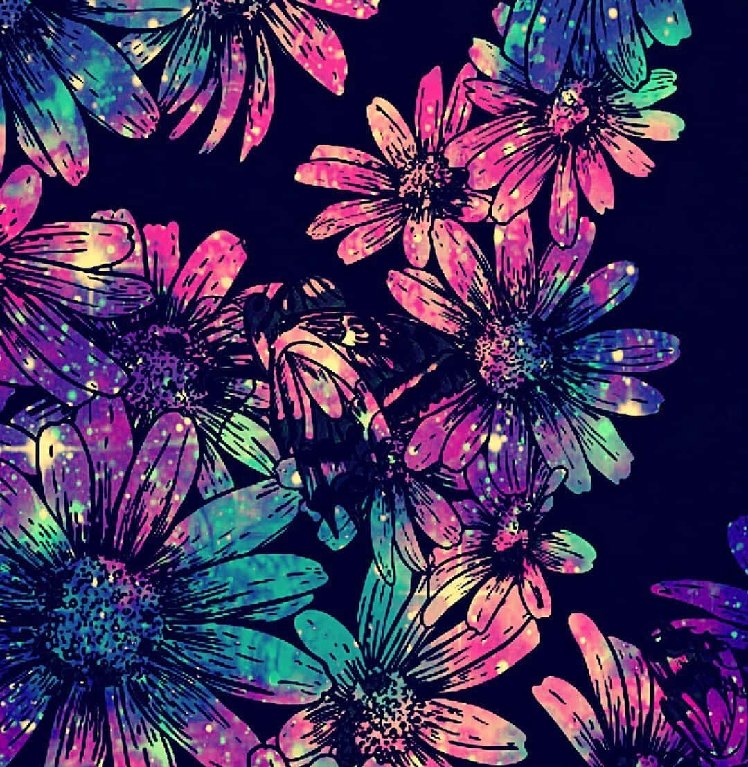 桌布 壁紙 — 充滿活力的霓虹花朵帶有宇宙閃光，在深黑色背景上以迷幻數位藝術風格綻放。