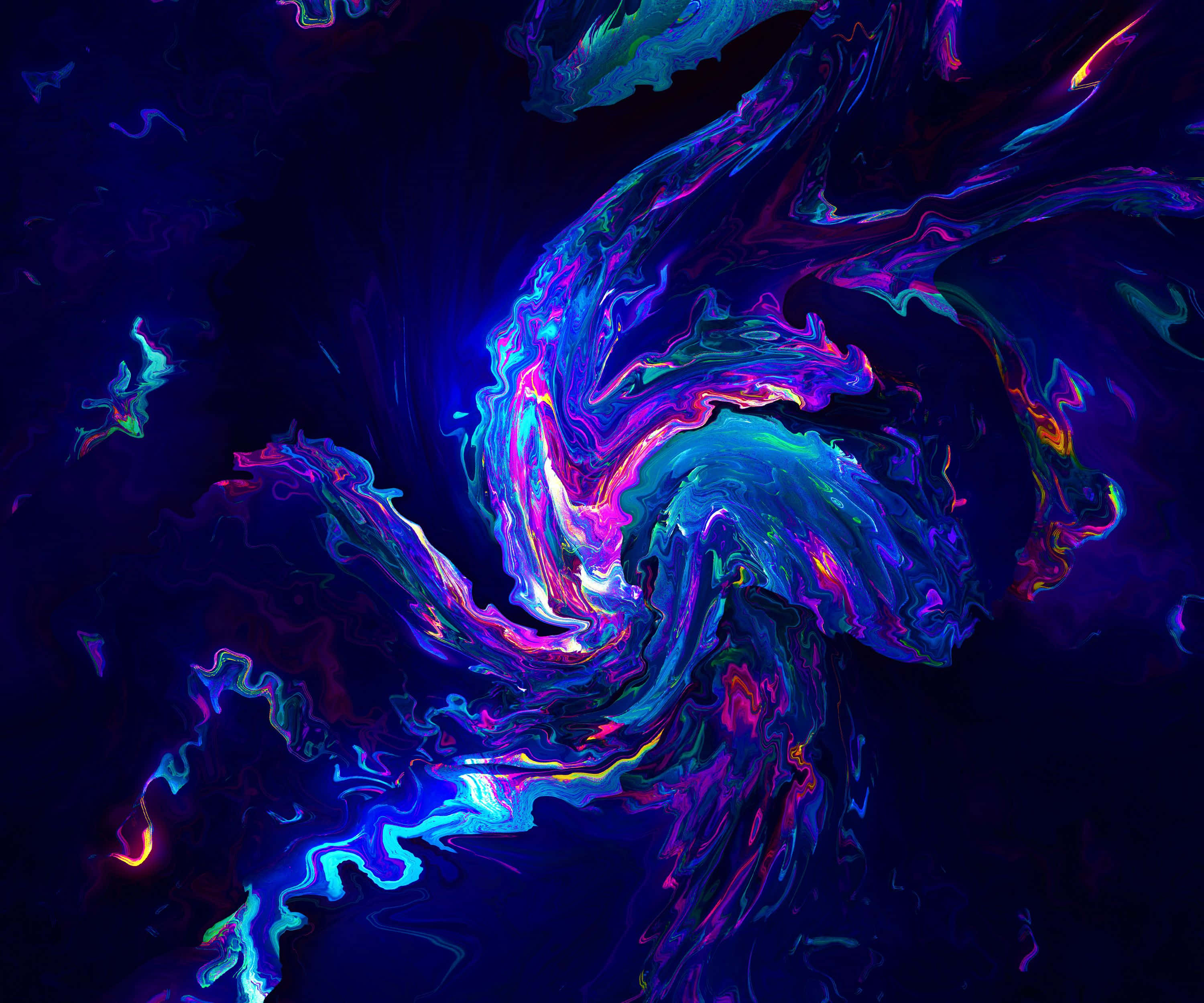 Colorful Gaming 桌布 壁紙 — 充滿活力的霓虹藍、紫和粉紅色漩渦在深黑色背景上動態流動，形成一個電光宇宙漩渦。